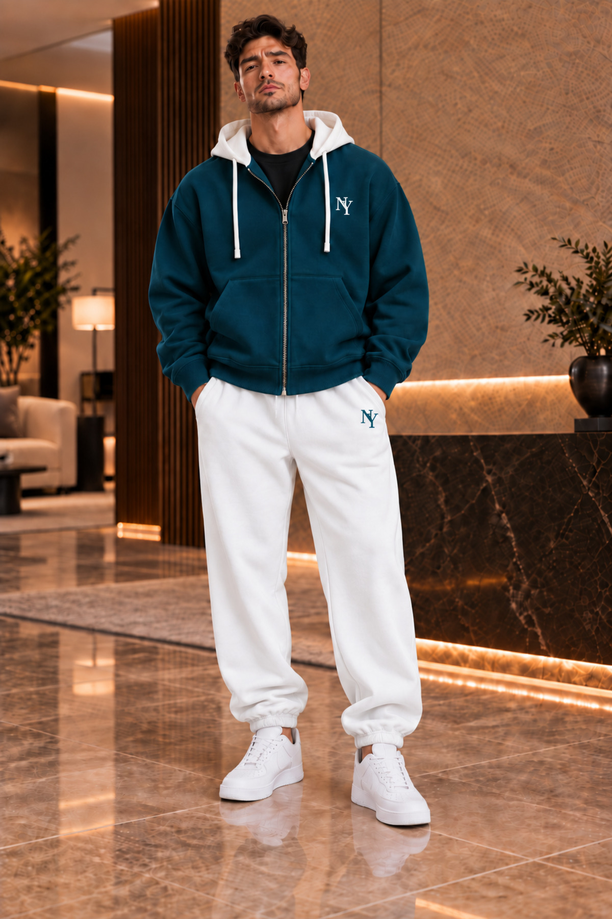 Premium Unisex Baskılı Kapüşonlu Fermuarlı Hırka Eşofman Takımı 3 İplik Şardonlu — آبی FECCY-F.KAPŞON-JOGGER-KOMBİN-02 — تصویر 2 از 5