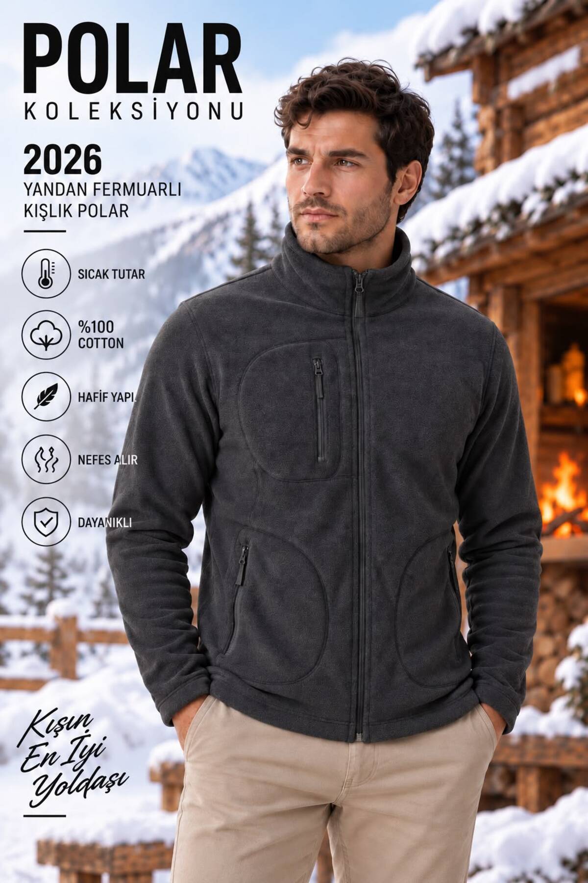 Unisex Rüzgar Geçirmez 3 Cepli Pro Outdoor Tam Fermuarlı Polar Ceket Hırka — مشکی 3032