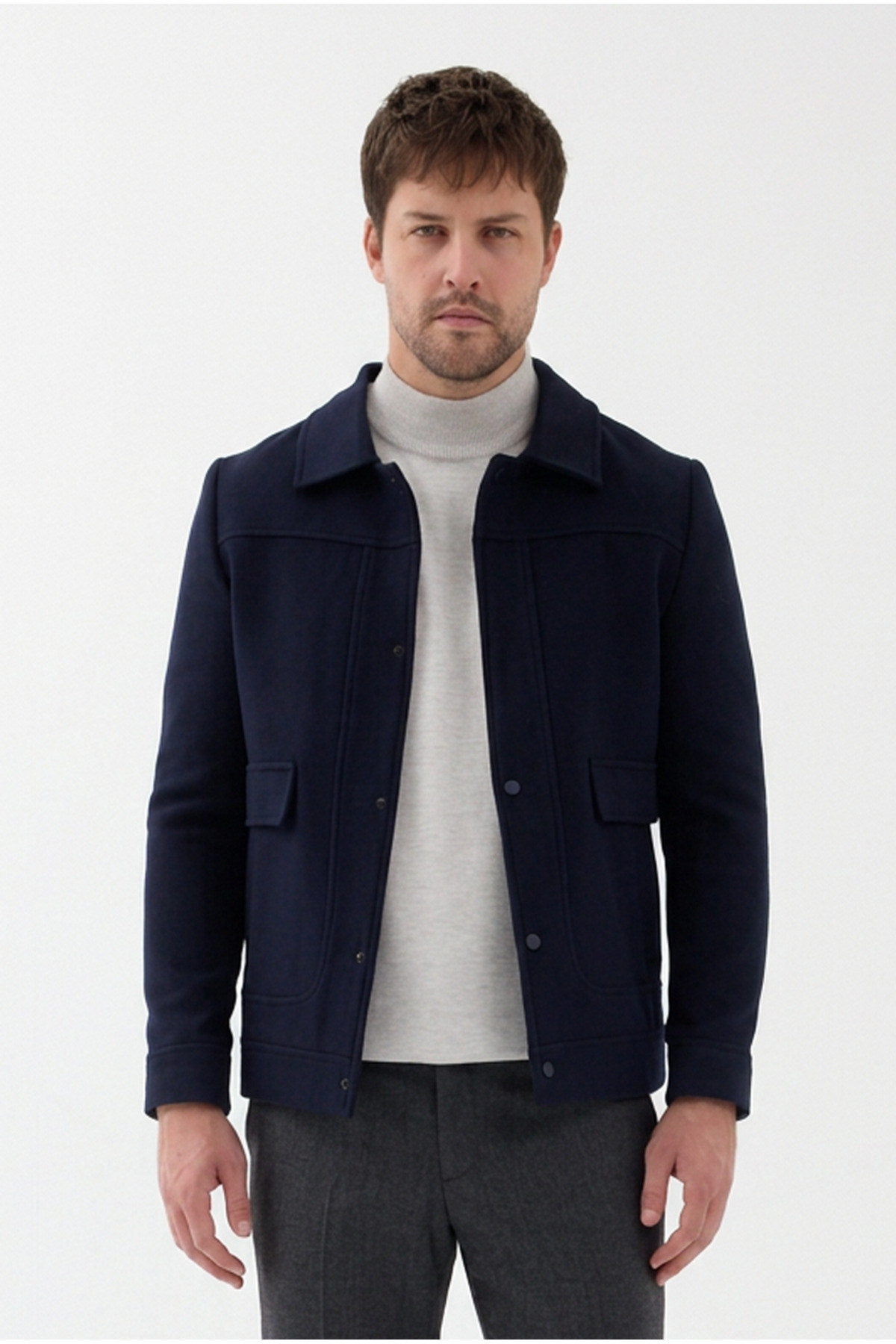 Bergamo Erkek Lacivert Çıtçıtlı Polo Yaka Kısa Kaşe Mont Slim Fit — سرمه‌ای 9810 BERGAMO — تصویر 5 از 8