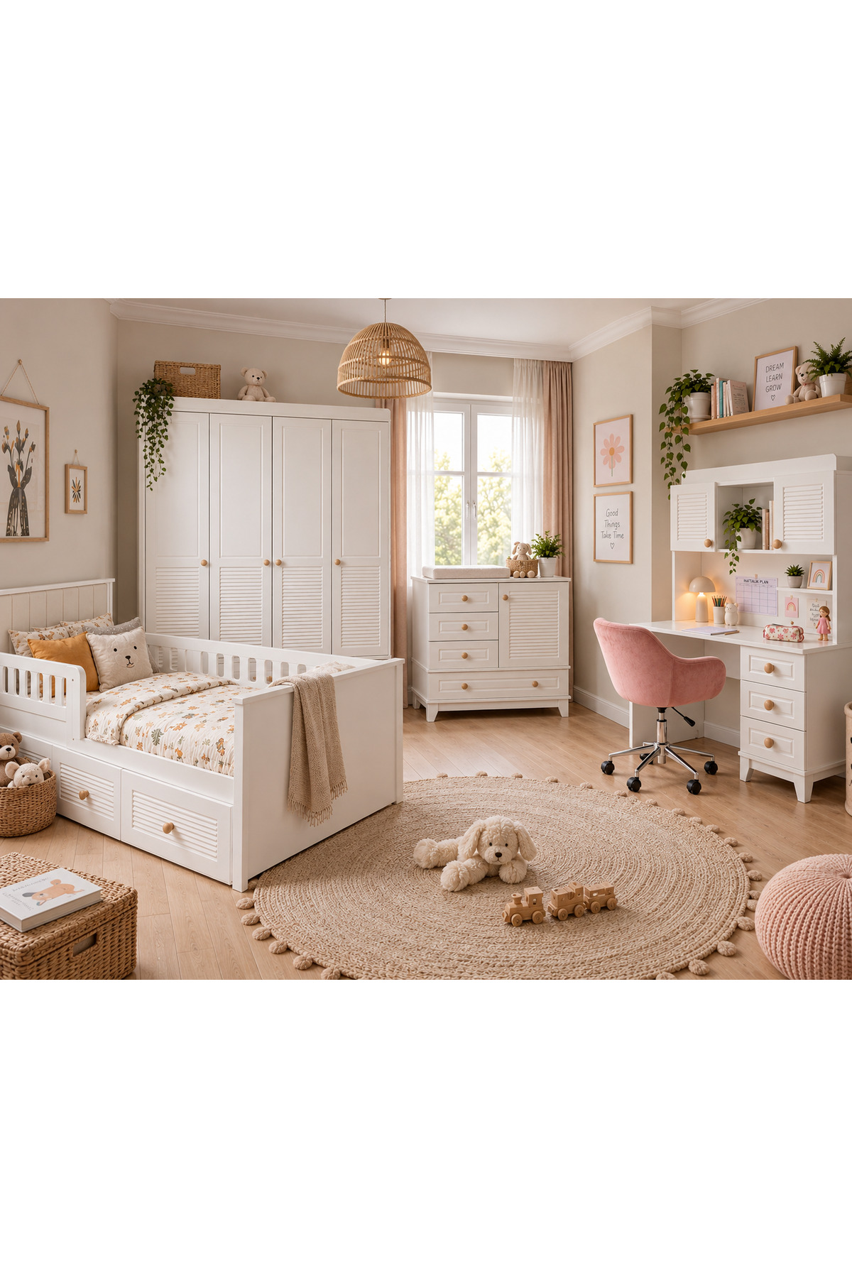 Koza %100 MDF Panjur Beyaz 4 Kapılı Dolap & Şifonyer & Çalışma Masası & 90x190 cm Yavrulu Kapitone Karyola