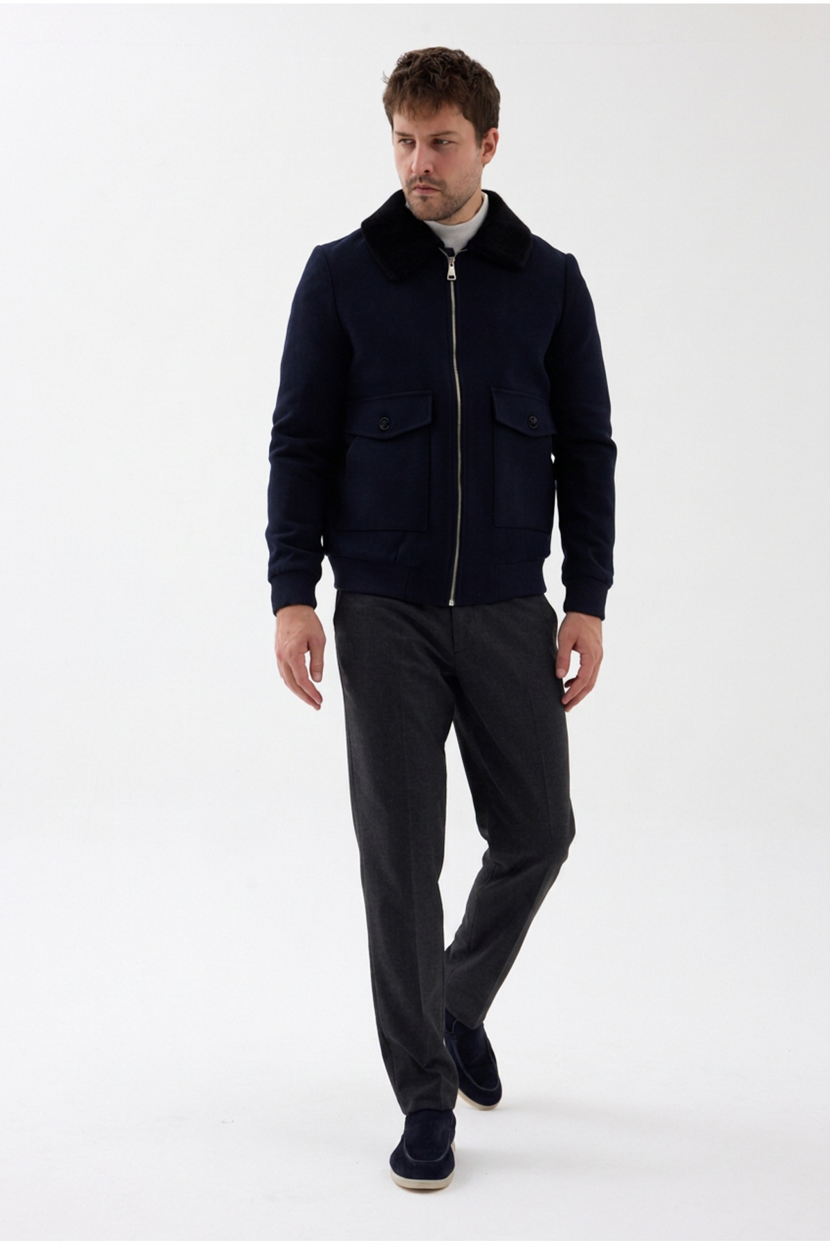Bergamo Erkek Lacivert Fermuarlı Eteği Ribanalı Yakası Kürklü Slim Fit Kısa Kaşe Mont — سرمه‌ای 9820 BERGAMO — تصویر 6 از 7