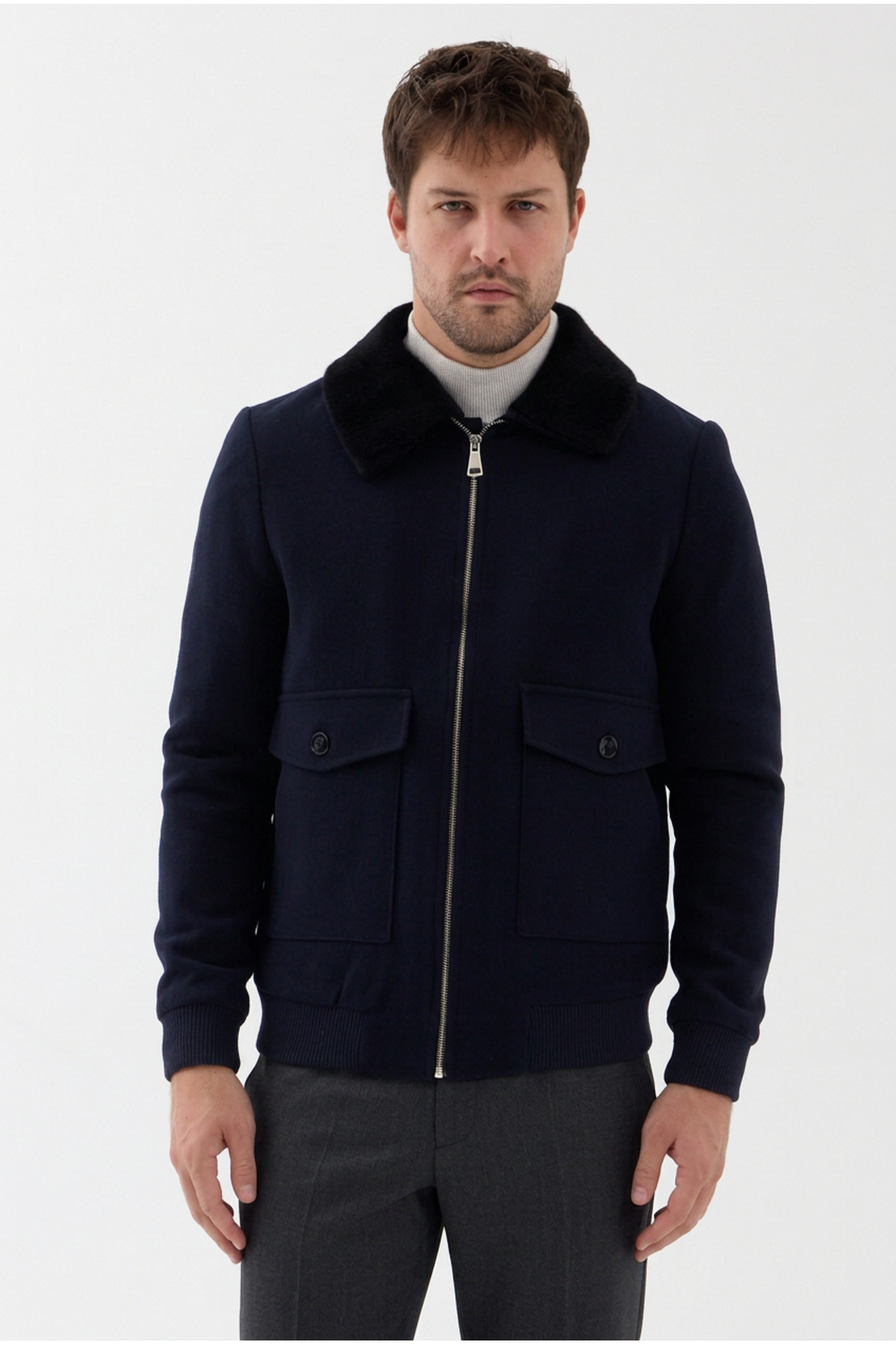 Bergamo Erkek Lacivert Fermuarlı Eteği Ribanalı Yakası Kürklü Slim Fit Kısa Kaşe Mont — سرمه‌ای 9820 BERGAMO — تصویر 3 از 7