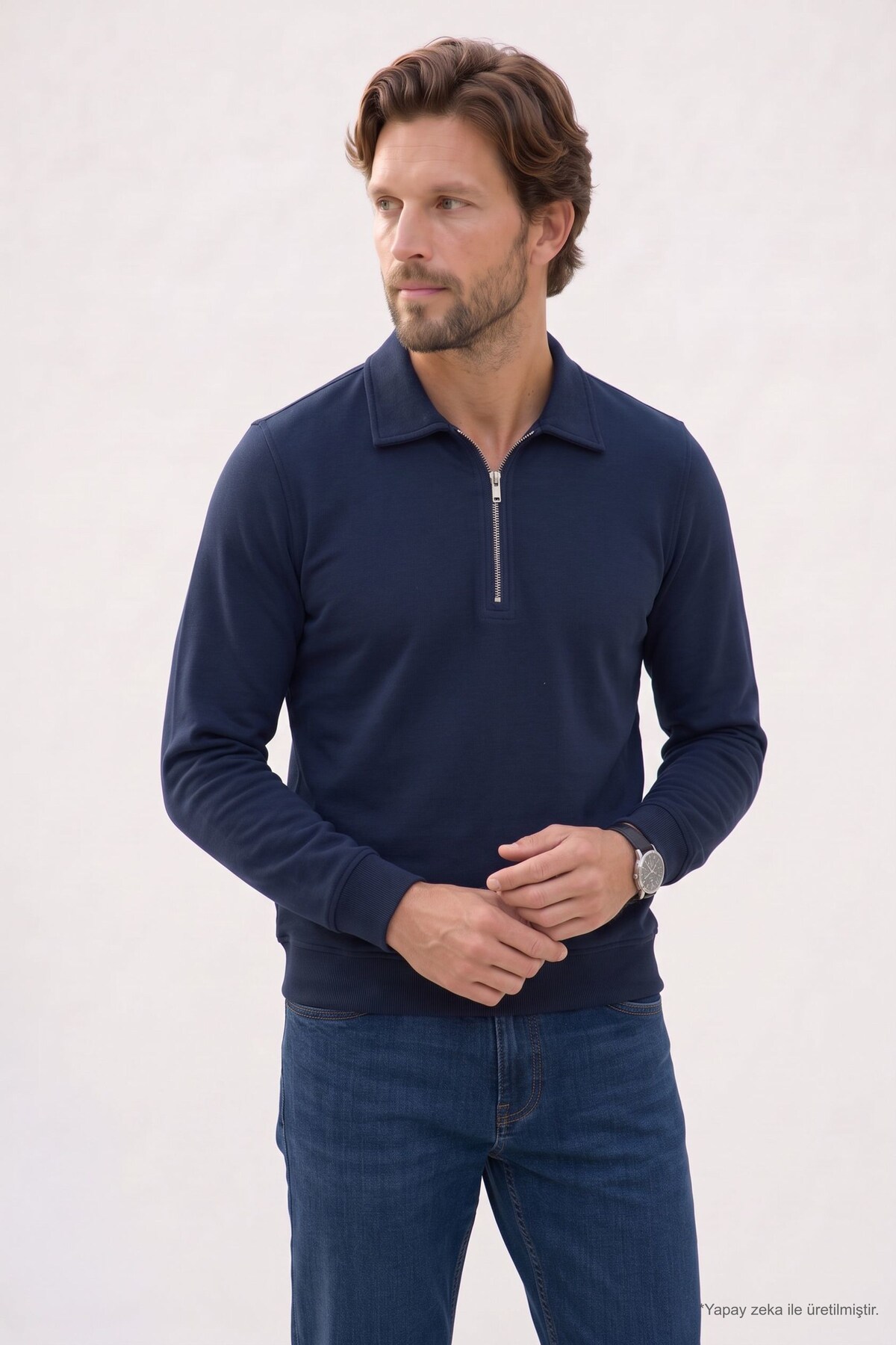 Erkek Regular Fit Klasik Kesim Fermuarlı Selanik Kumaş Lacivert Polo Yaka Sweatshirt — سرمه‌ای SW270007 — تصویر 7 از 7
