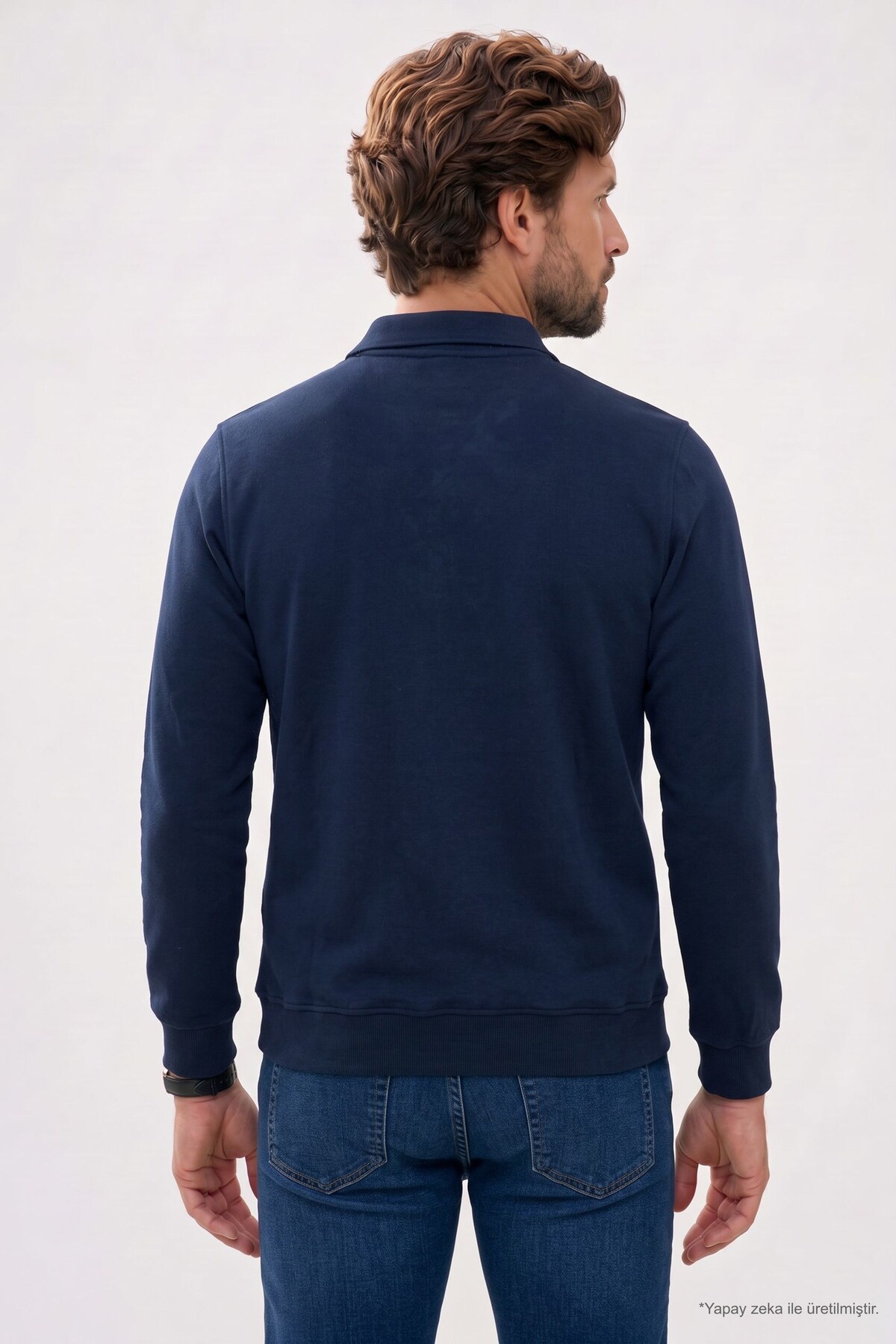 Erkek Regular Fit Klasik Kesim Fermuarlı Selanik Kumaş Lacivert Polo Yaka Sweatshirt — سرمه‌ای SW270007 — تصویر 6 از 7