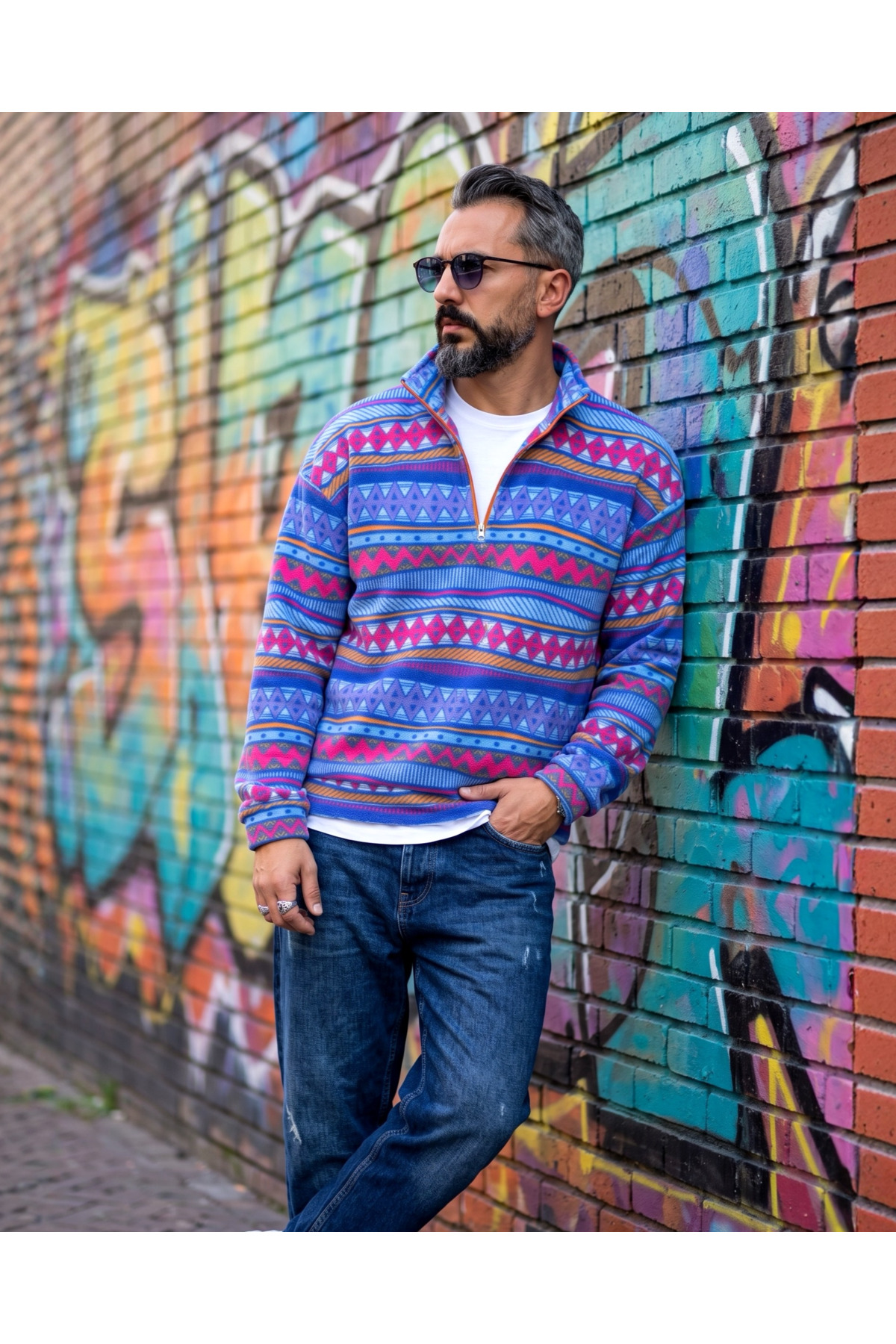 Erkek Aspen 88 Retro Desenli Yarım Fermuarlı Polar Sweatshirt — آبی ASPH0520