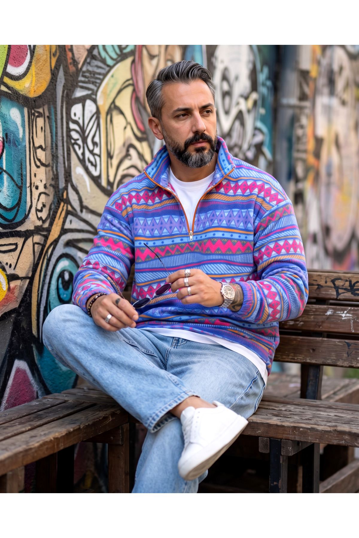 Erkek Aspen 88 Retro Desenli Yarım Fermuarlı Polar Sweatshirt — آبی ASPH0520 — تصویر 6 از 6