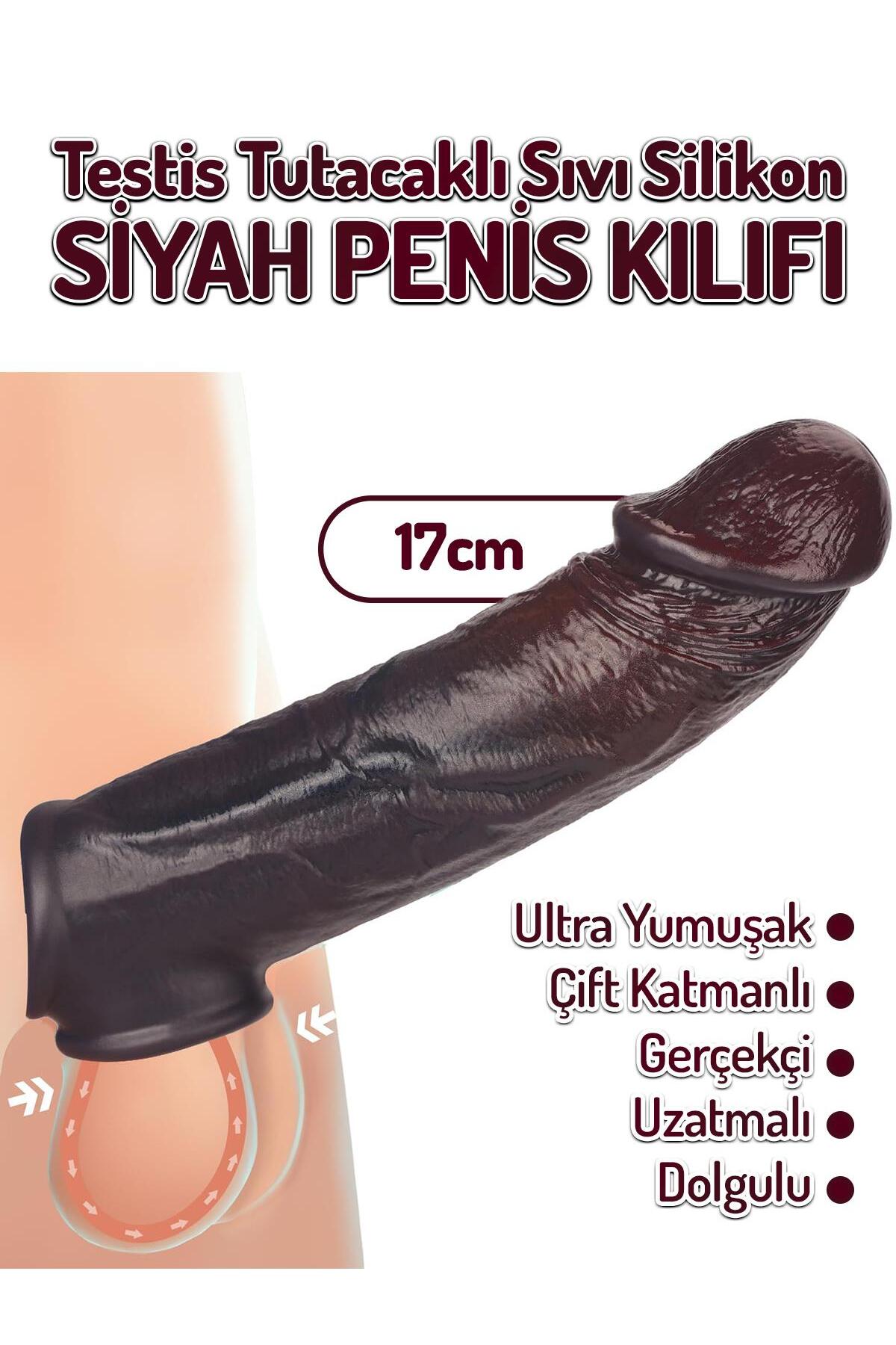 Sıvı Silikon 17 Cm Dolgulu 3 Cm Uzatmalı Çift Katmanlı Realistik Testis Tutacaklı Siyah Penis Kılıfı