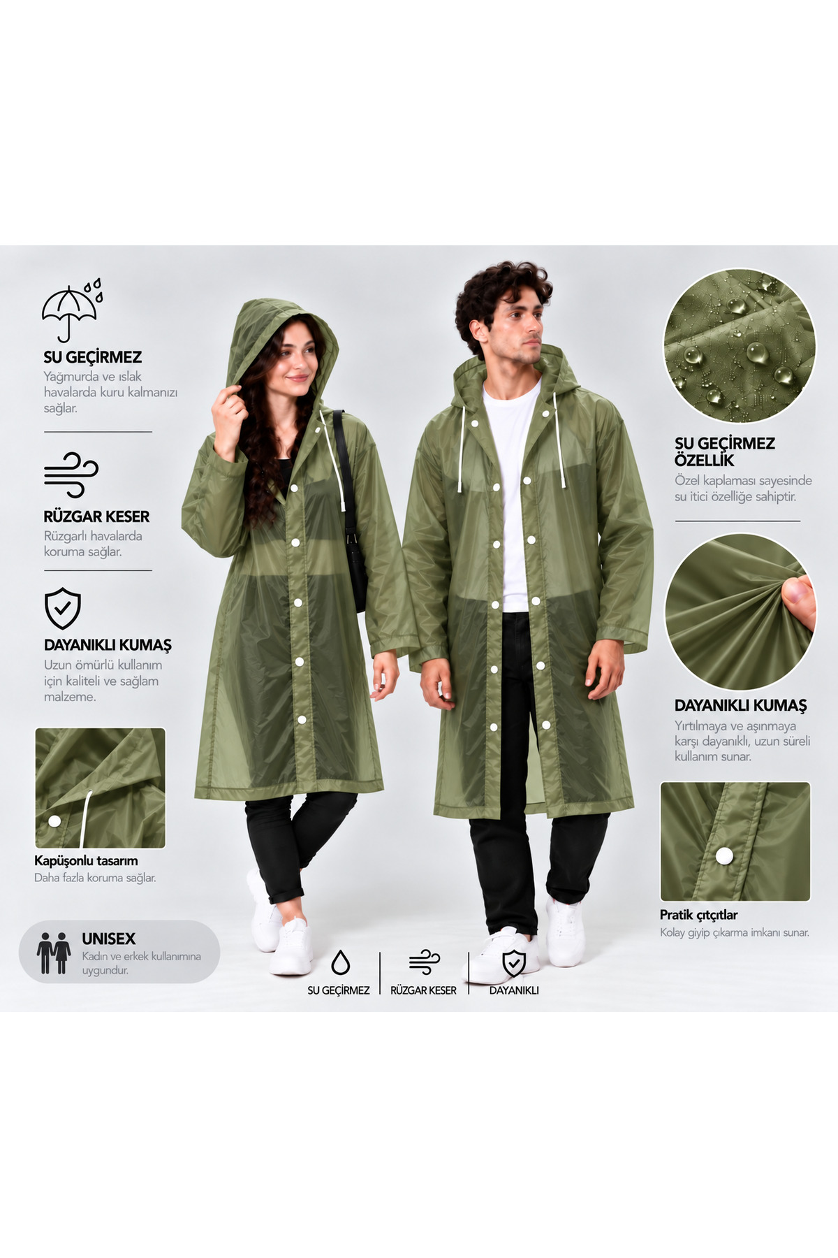Unisex Haki Şeffaf Yağmurluk Kapüşonlu Su Geçirmez Yağmurluk — خاکی vea228 — تصویر 2 از 4