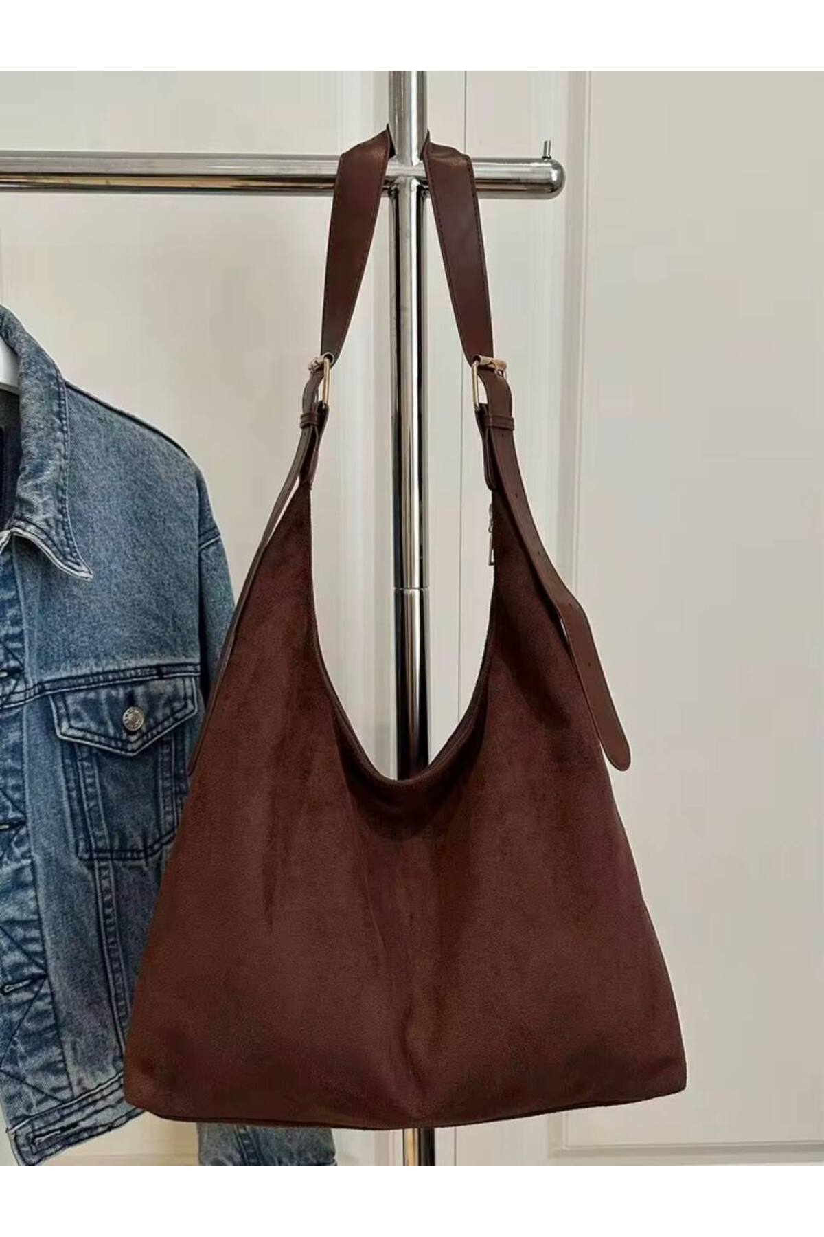 Süet - Acıkahve MODA Büyük Boy Kadın Tote Omuz Çantası, Kaliteli Tasarım Süet Kadın Çantası görünüm 4