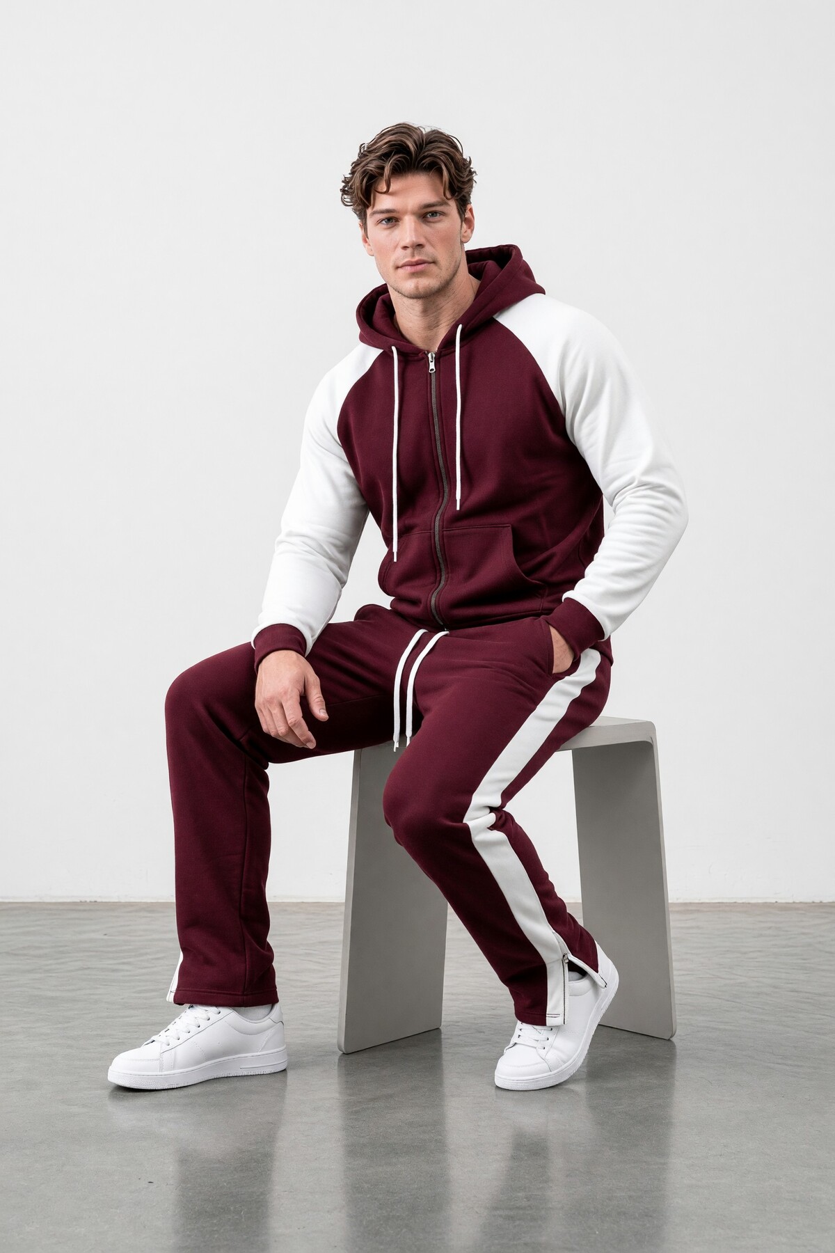 ست لباس ورزشی بورگوندی آستین راگلان مردانه — زرشکی ORLONTEXGARNİLİ TRACKSUIT — تصویر 2 از 3
