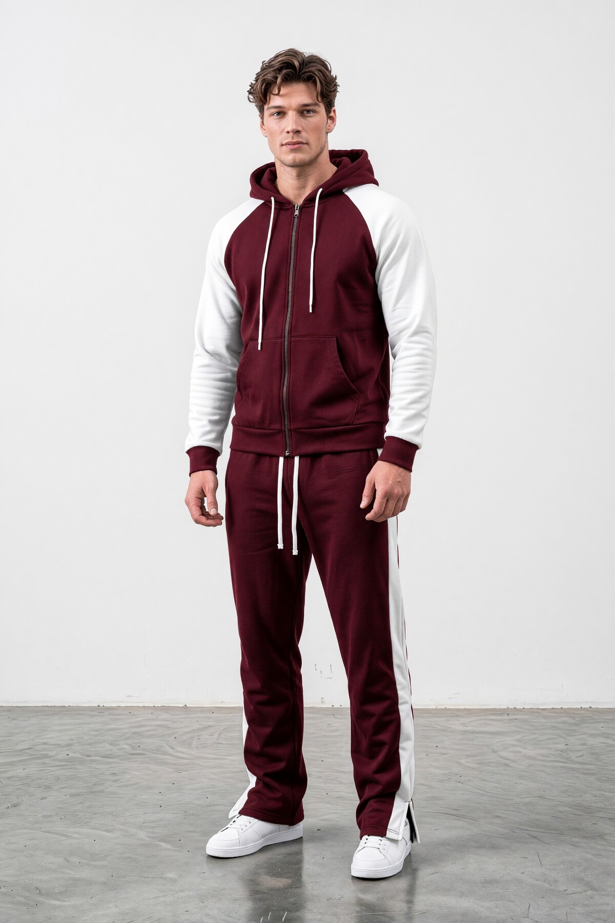 ست لباس ورزشی بورگوندی آستین راگلان مردانه — زرشکی ORLONTEXGARNİLİ TRACKSUIT