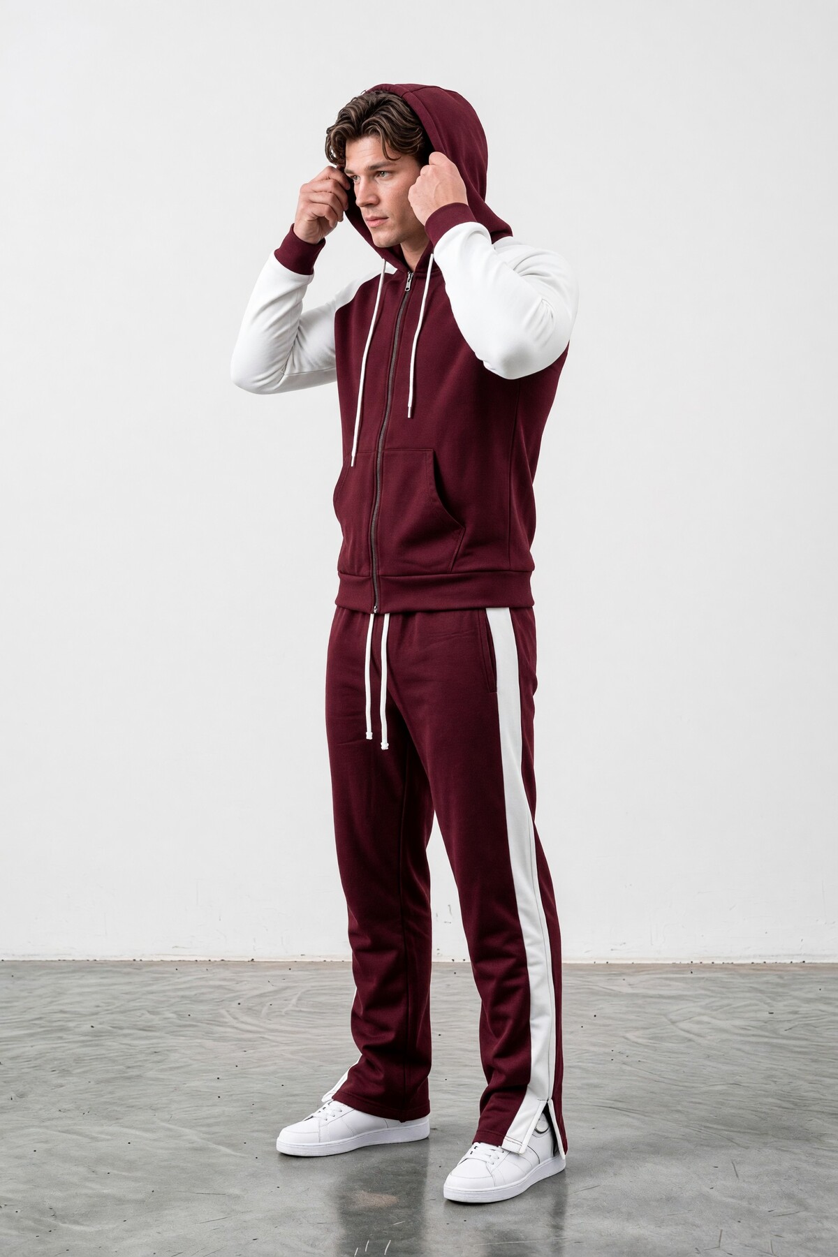 ست لباس ورزشی بورگوندی آستین راگلان مردانه — زرشکی ORLONTEXGARNİLİ TRACKSUIT — تصویر 3 از 3