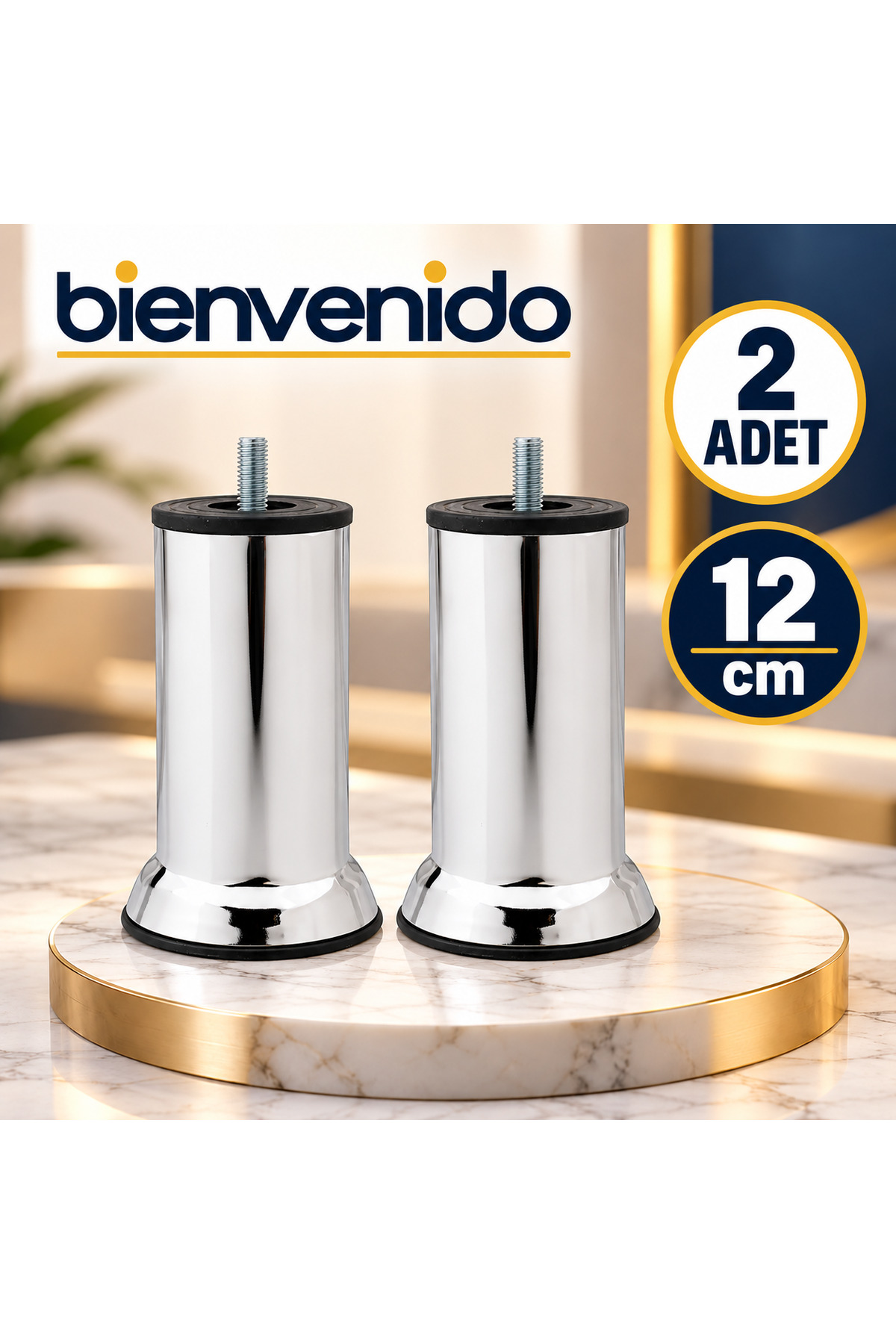 Mobilya Kanepe Baza Yatak Koltuk Destek Yükseltme Ayağı M8 Civatalı Krom Metal Ayakları 12 Cm MA-12-KRM-1, one size