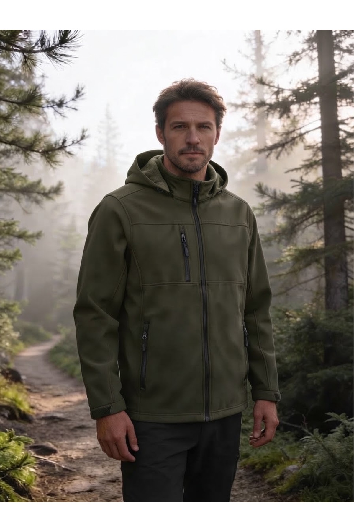 Softshell Ceket Su İtici Rüzgâr Geçirmez Çıkarılabilir Kapüşonlu 5 Cepli — خاکی 0002 — تصویر 4 از 5