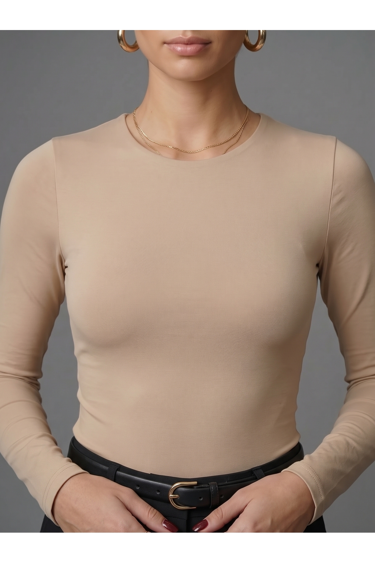 Kadın Uzun Kollu Bisiklet Yaka Çıtçıtlı Slim Fit Esnek Bodysuit - Bej 2
