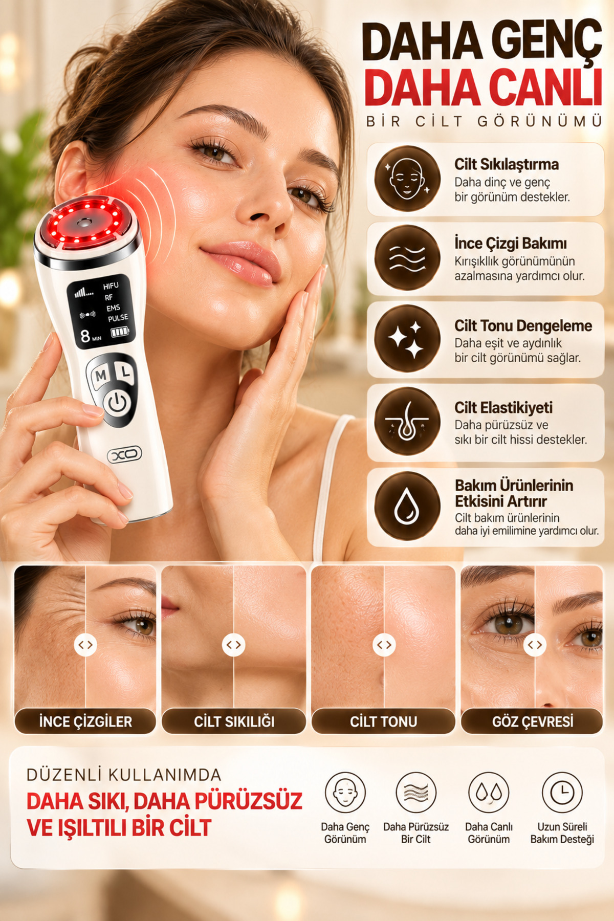Akıllı RF EMS Yüz Bakım Cihazı 4 Modlu HIFU Ultrason LED Işıklı Cilt Bakım ve Yüz Masaj Aleti — سفید yüzzskincare — تصویر 3 از 7