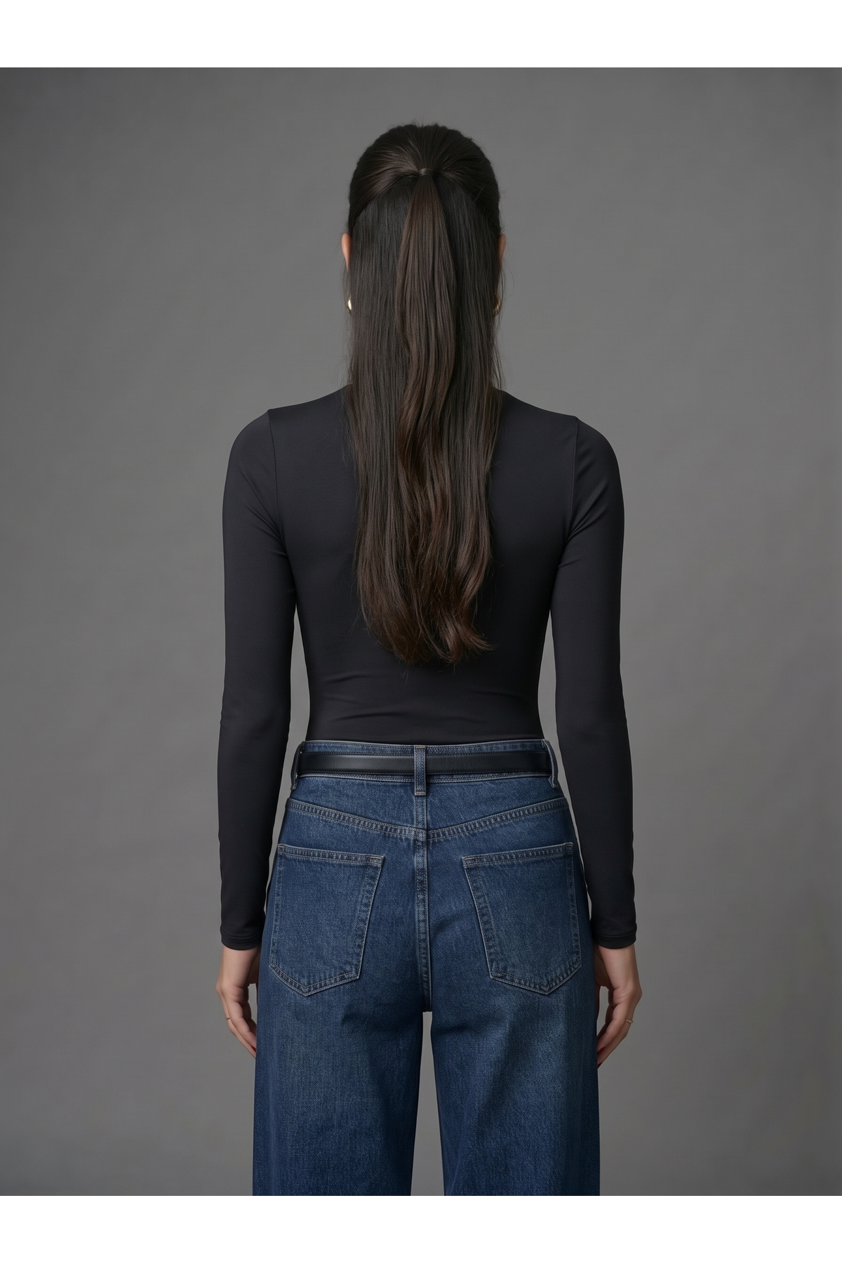 Kadın Uzun Kollu Bisiklet Yaka Çıtçıtlı Slim Fit Esnek Bodysuit - Siyah 4
