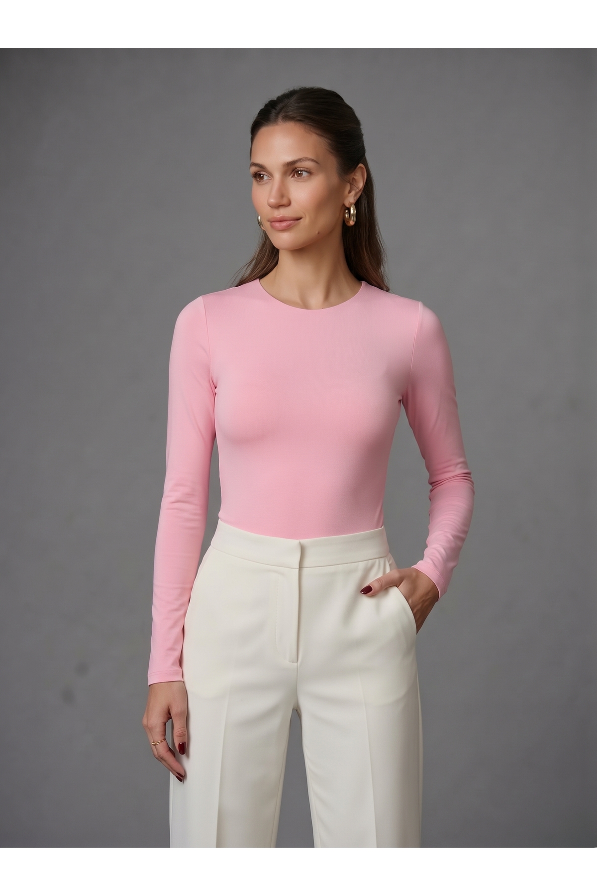 Kadın Uzun Kollu Bisiklet Yaka Çıtçıtlı Slim Fit Esnek Bodysuit - Pembe 3