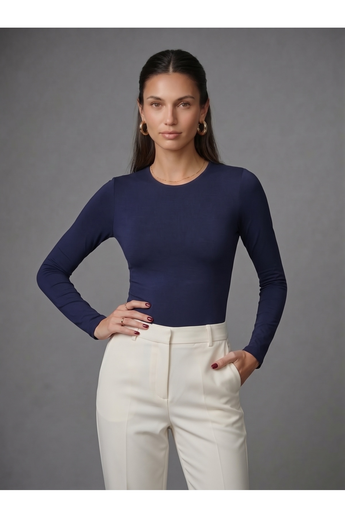 Kadın Uzun Kollu Bisiklet Yaka Çıtçıtlı Slim Fit Esnek Bodysuit - Lacivert