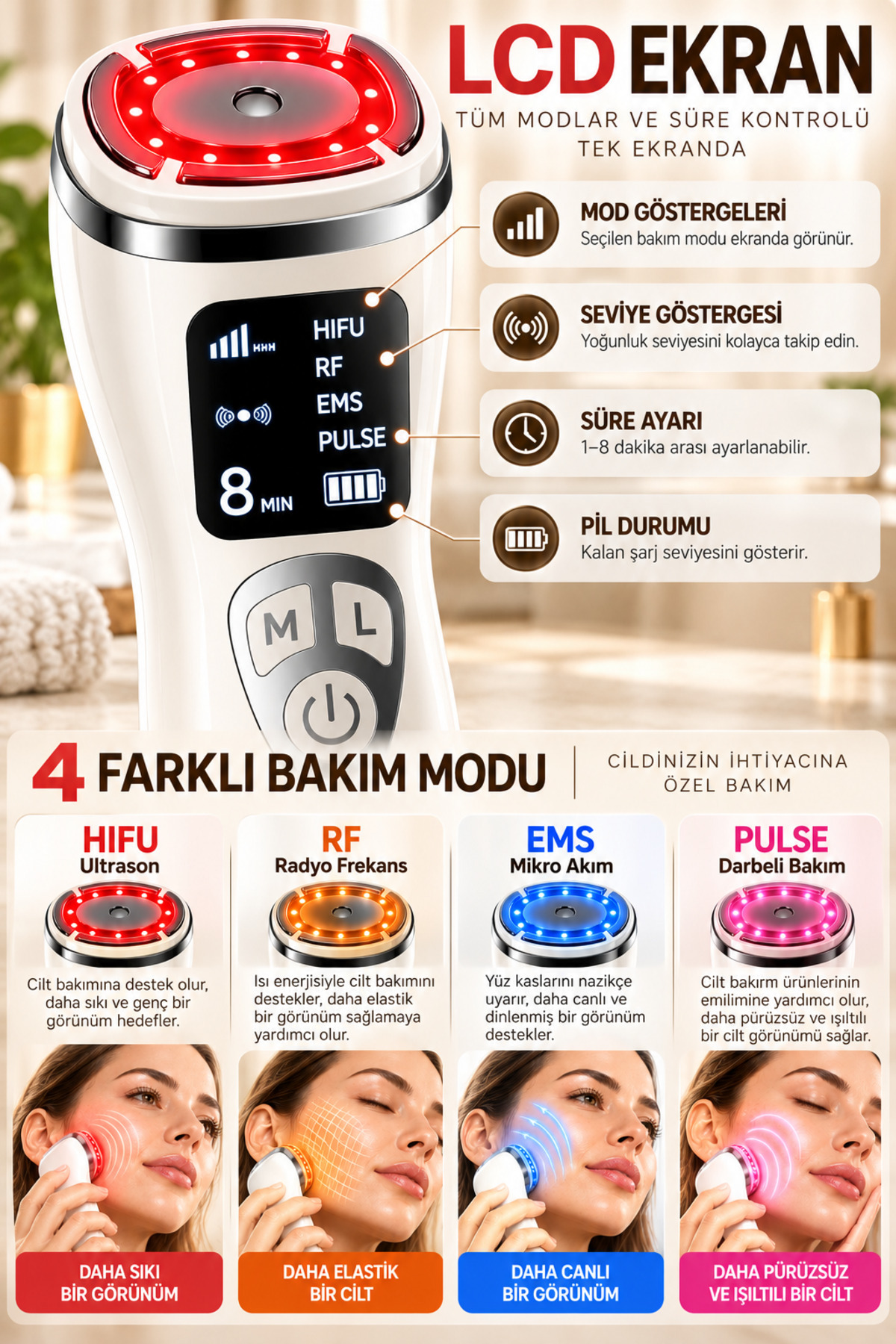 Akıllı RF EMS Yüz Bakım Cihazı 4 Modlu HIFU Ultrason LED Işıklı Cilt Bakım ve Yüz Masaj Aleti — سفید yüzzskincare — تصویر 6 از 7