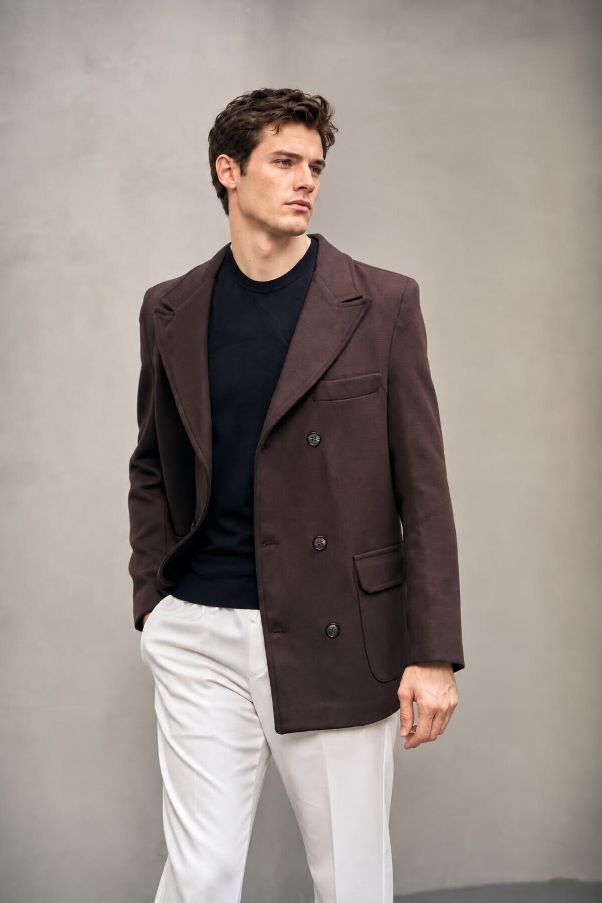 Erkek Gri Kruvaze Çift Düğmeli Blazer Kaban — قهوه‌ای 1410 — تصویر 2 از 7