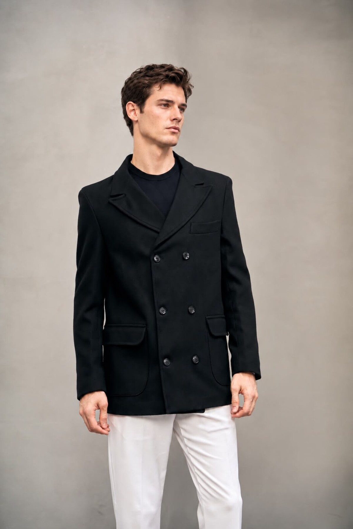 Erkek Kruvaze Çift Düğmeli Blazer Ceket Kaban — مشکی 1410 — تصویر 2 از 8