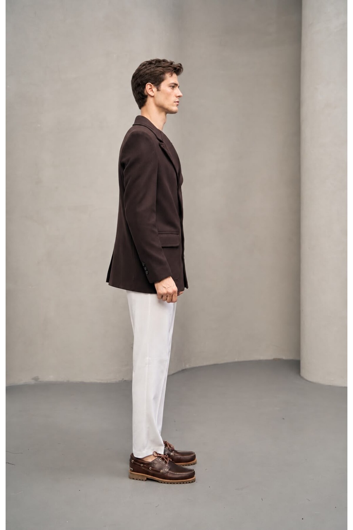 Erkek Gri Kruvaze Çift Düğmeli Blazer Kaban — قهوه‌ای 1410 — تصویر 5 از 7