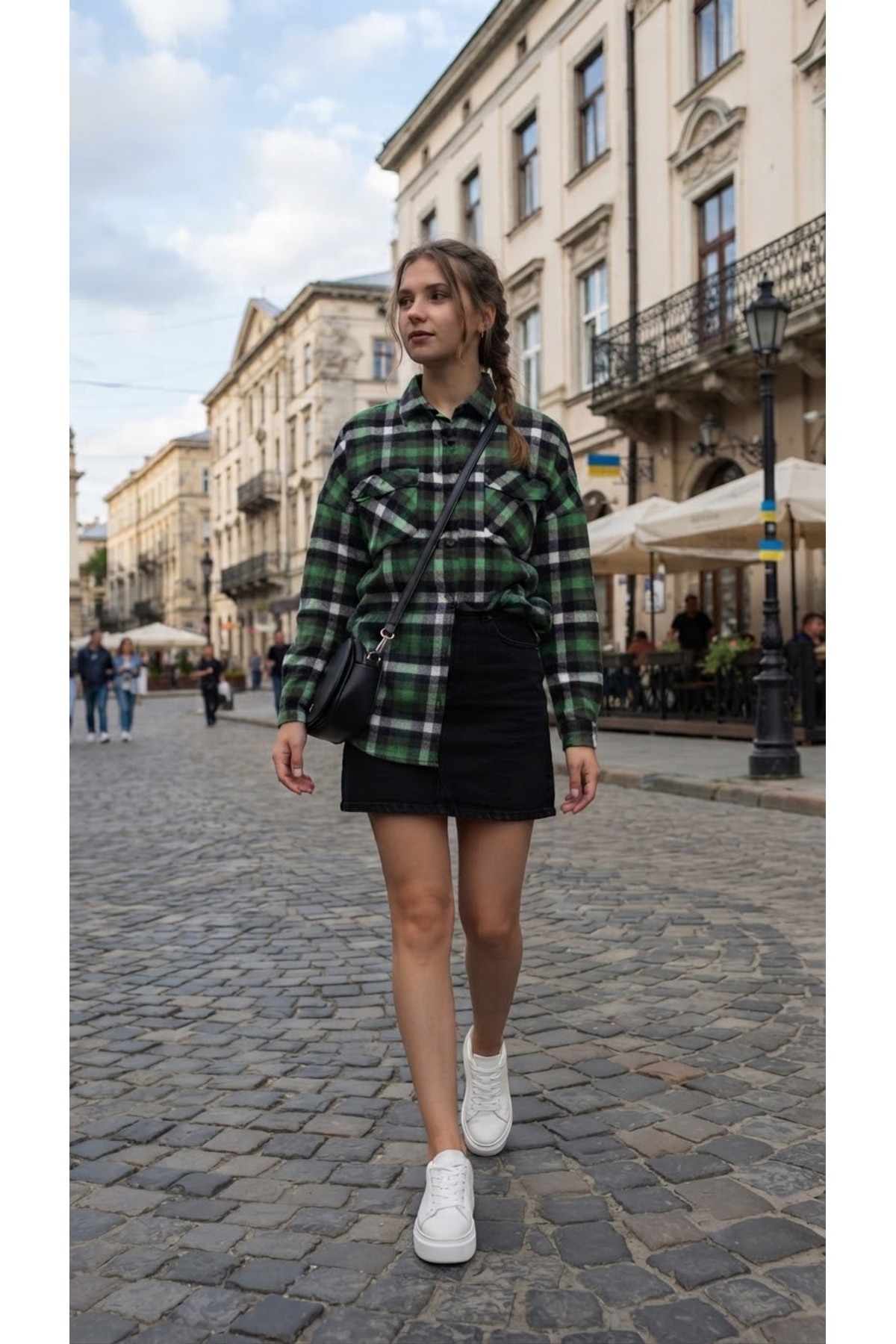 Polologin Butik Oversize Çift Cepli Kadın Oduncu Gömleği - Yeşil Siyah Ekose Desenli Flanel Gömlek