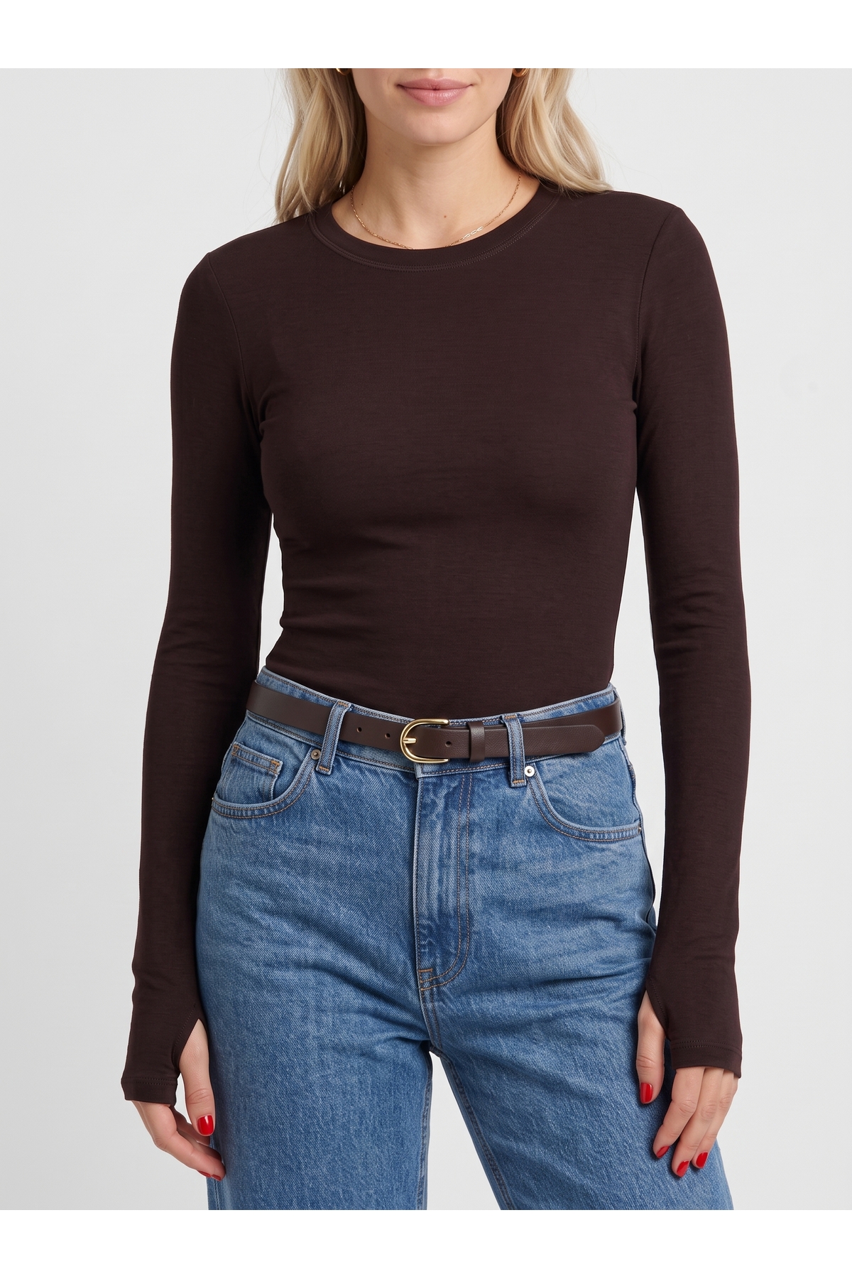 Kadın Modal Uzun Kollu Parmak Geçirmeli Bisiklet Yaka Slim Fit Body - Kahverengi 2