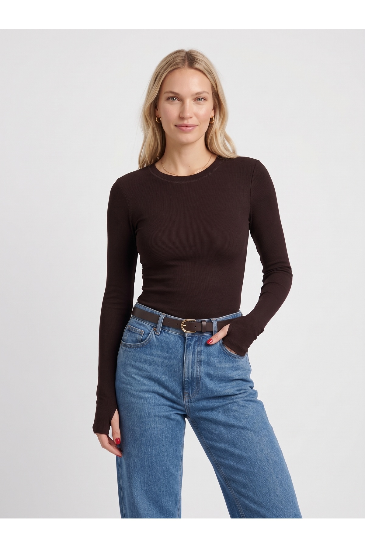 Kadın Modal Uzun Kollu Parmak Geçirmeli Bisiklet Yaka Slim Fit Body - Kahverengi