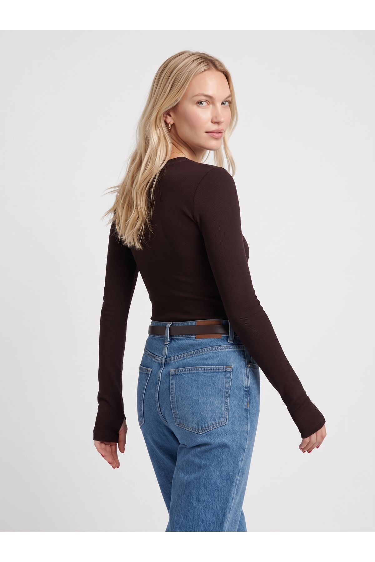 Kadın Modal Uzun Kollu Parmak Geçirmeli Bisiklet Yaka Slim Fit Body - Kahverengi 3