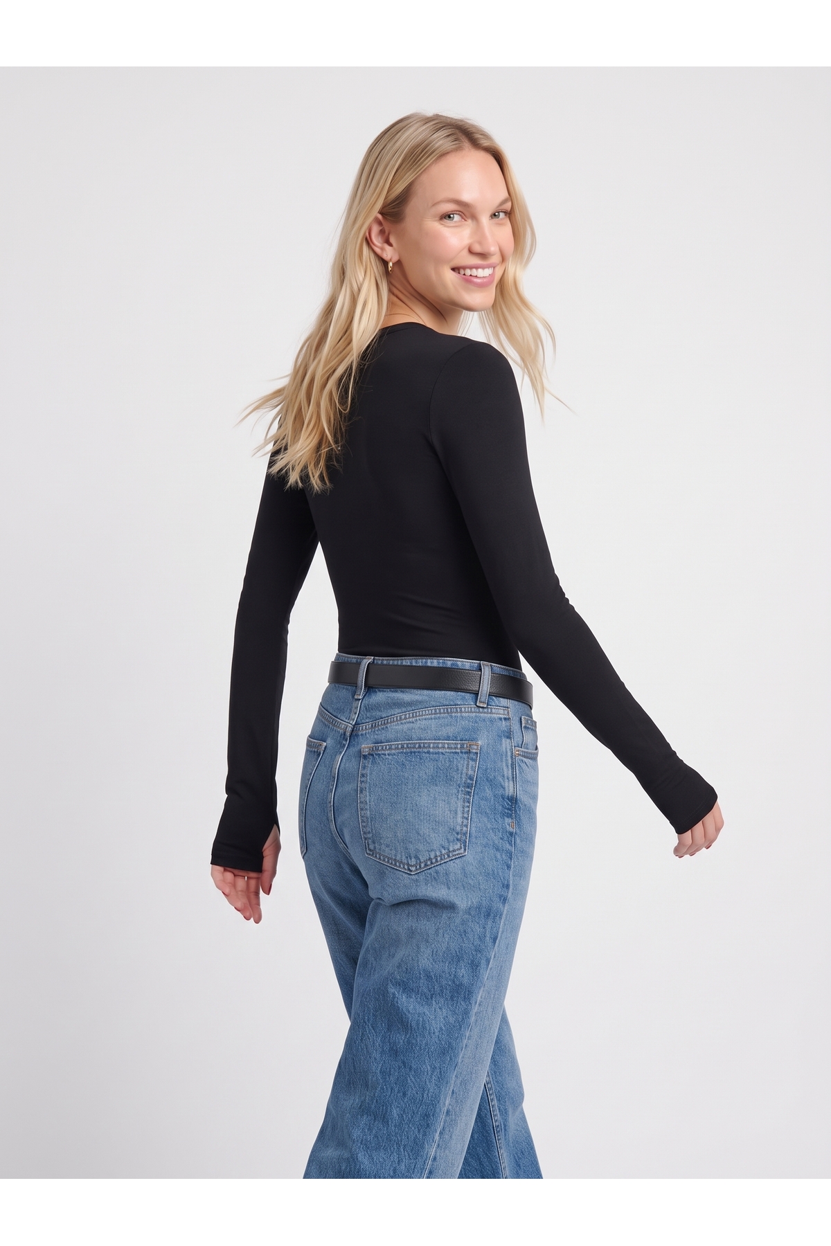 Kadın Modal Uzun Kollu Parmak Geçirmeli Bisiklet Yaka Slim Fit Body - Siyah 4