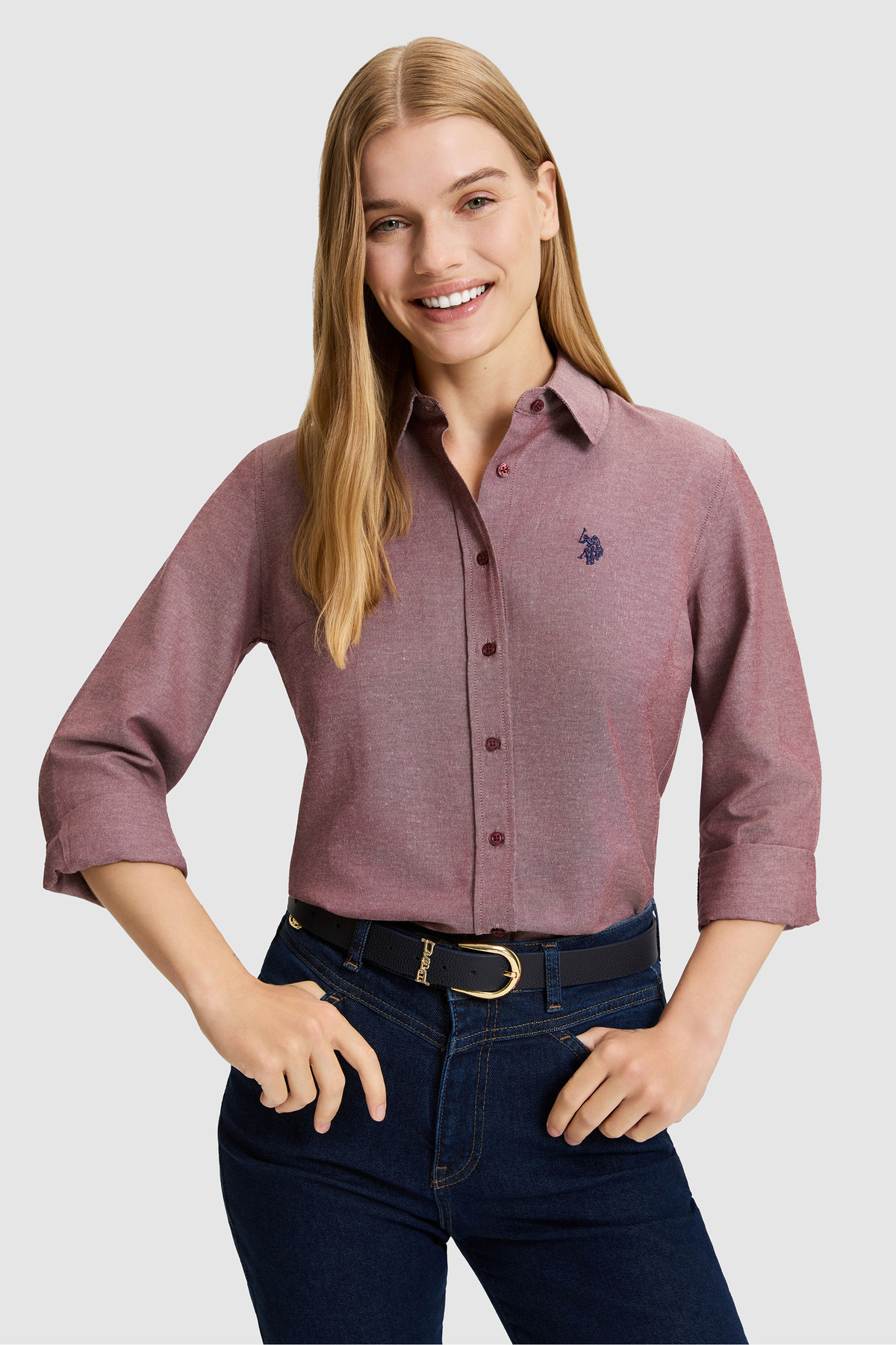 U.S. Polo Assn. Burgunderfarbenes Langarm-Basic-Shirt für Damen 50324791-VR177