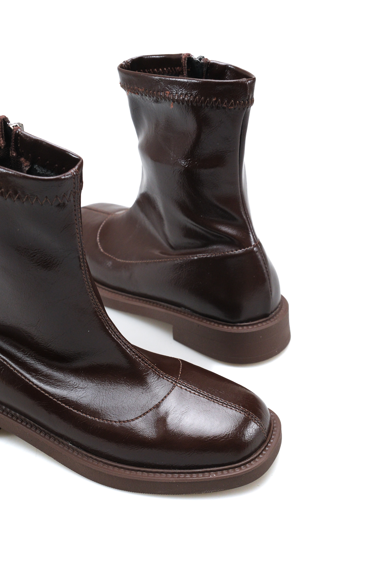 Bak Store Acı Kahve Rugan Düz Streç Bilekte Kadın Bot Botines Stretch