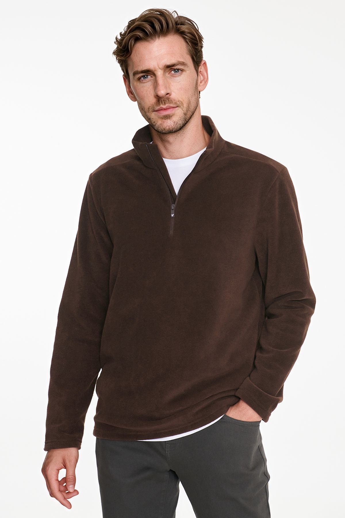 AC&Co / Altınyıldız Classics Erkek Koyu Kahve Anti-pilling Tüylenme Yapmayan Standart Fit Dik Yaka Soğuk Geçirmez Polar Sweatshirt — قهوه‌ای 4A5221100016