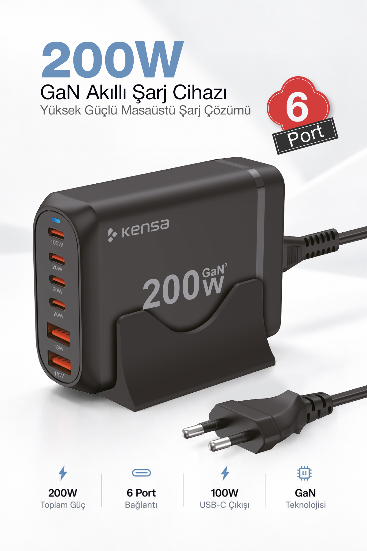 Kensa 200W 6 Port Hızlı Şarj Cihazı – 4 adet USB-C ve 2 adet QC