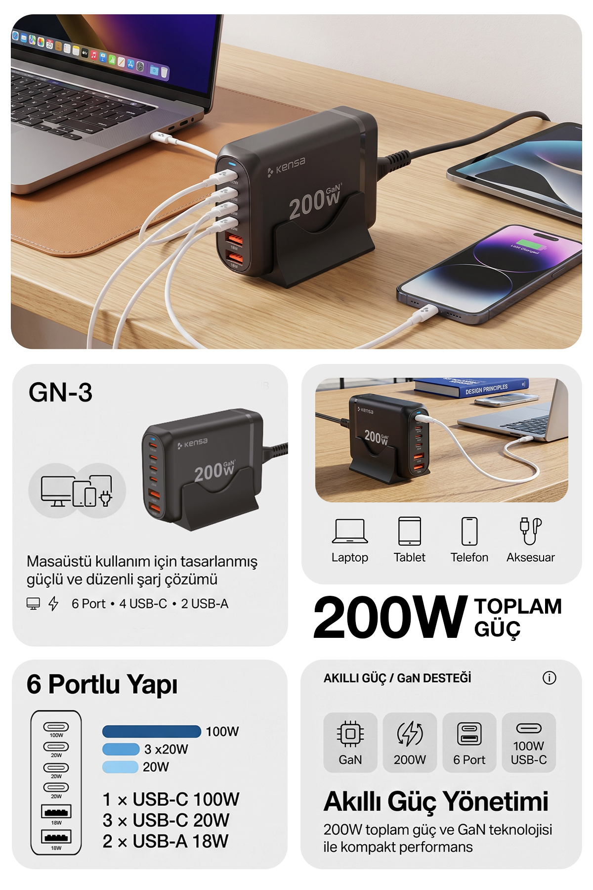 Kensa 200W 6 Port Hızlı Şarj Cihazı – 4 adet USB-C ve 2 adet QC