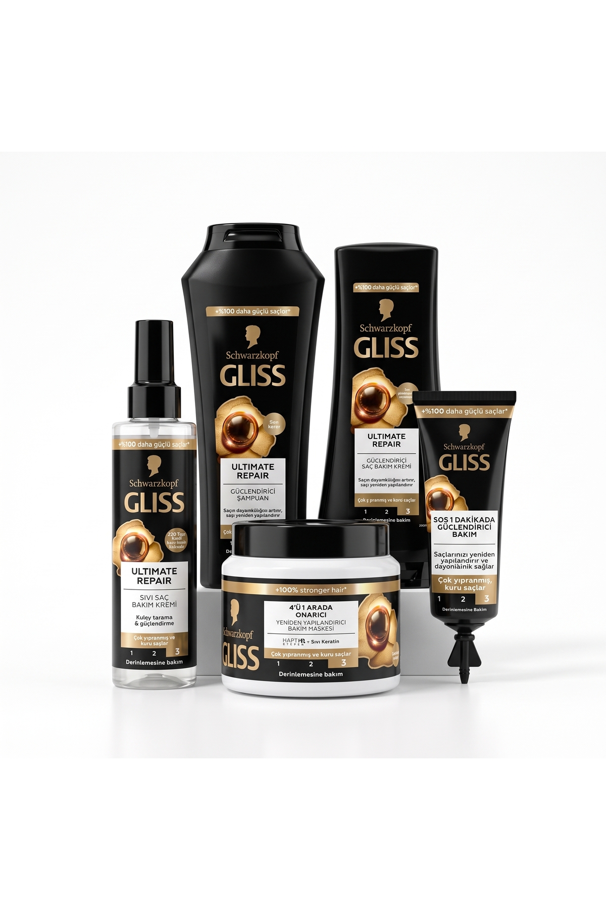 Gliss Ultimate Repair 5'li Bakım Seti (Şampuan 400ml + Saç Kremi 360ml + Maske 400ml + Sıvı Krem 200ml + SOS Tüp) — asvsdvd