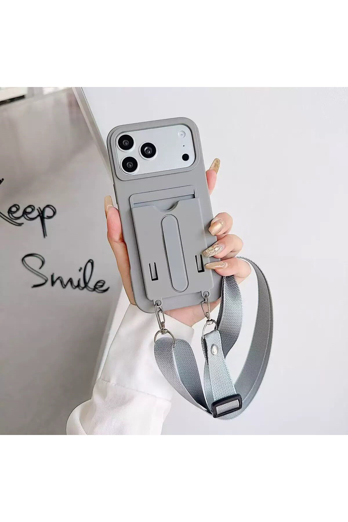 Pastel Bot madamcase Apple iPhone 16 Plus Uyumlu Gri Boyun Askılı Kartlıklı Pastel ...