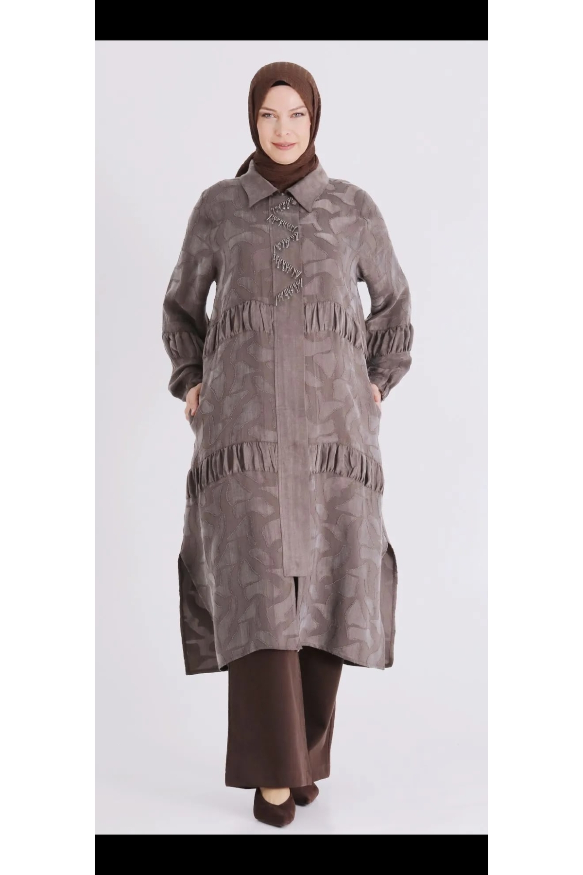Büyük Beden Tesettür Pantolonlu Takım koyu vizon - Krem / 5XL