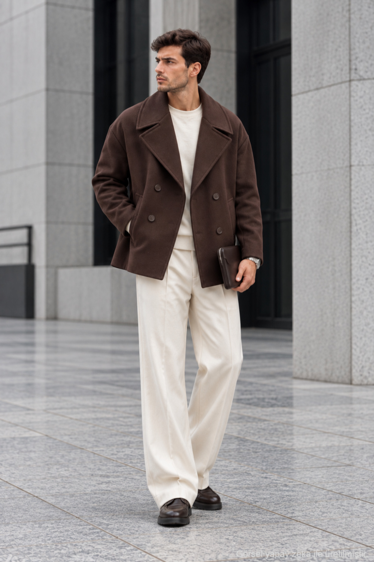 Erkek Oversize Kruvaze Kaban Geniş Yakalı Cepli - Kahverengi — قهوه‌ای 1533QHOX — تصویر 5 از 5