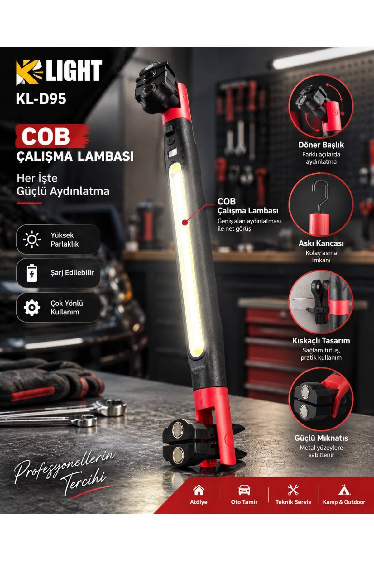 KLIGHT K-Light KL-D95 Şarj Edilebilir COB LED Çalışma Lambası