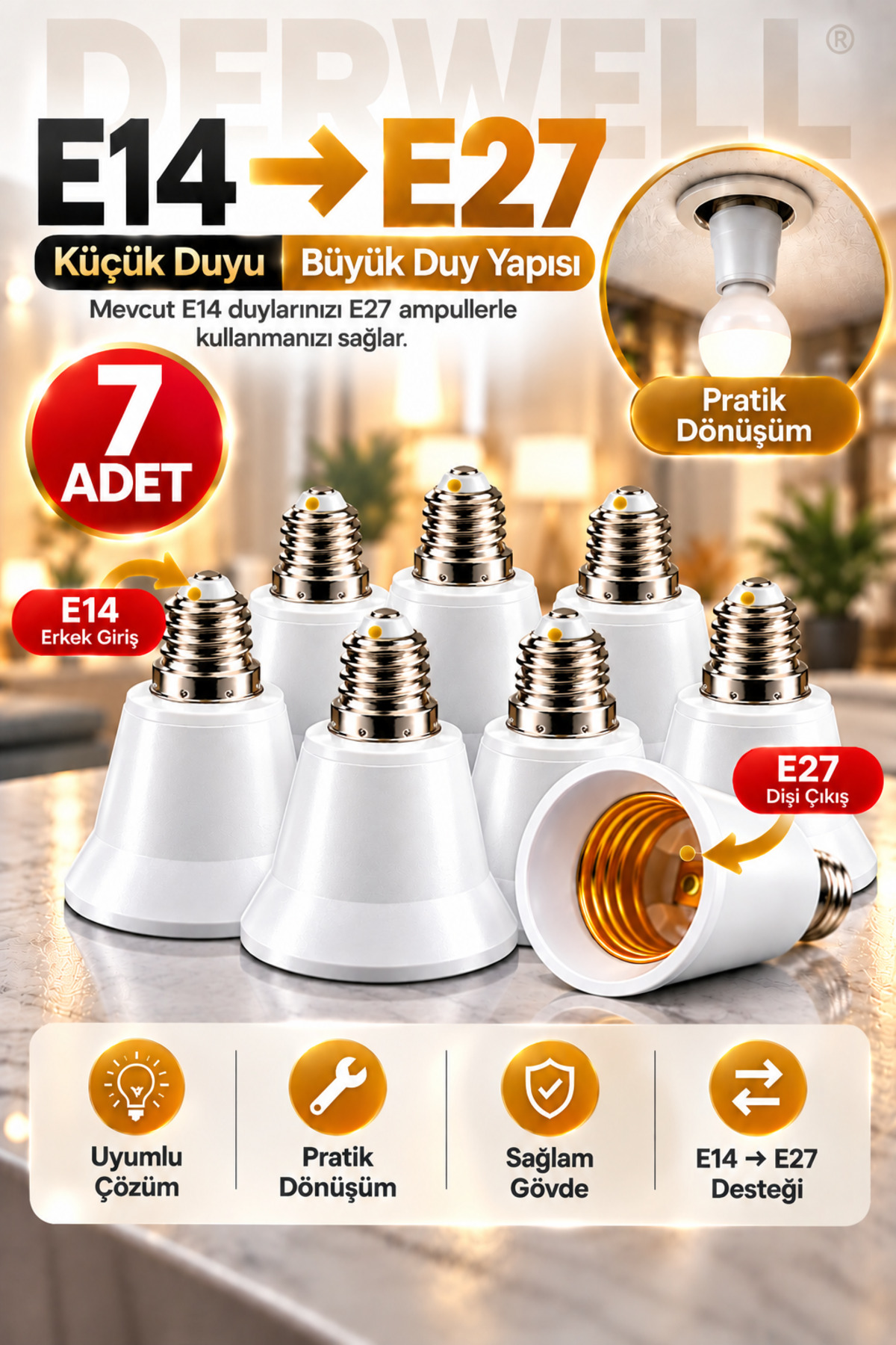 7 Adet E14'ten E27'ye Ampul Duy Dönüştürücü Adaptör - Küçük Duyuyu Büyük Duya Çevirici Aparat, Ev ve Ofis İçi Pratik Aydınlatma Çözümü, Sağlam ve Dayanıklı Gövde Yapısı