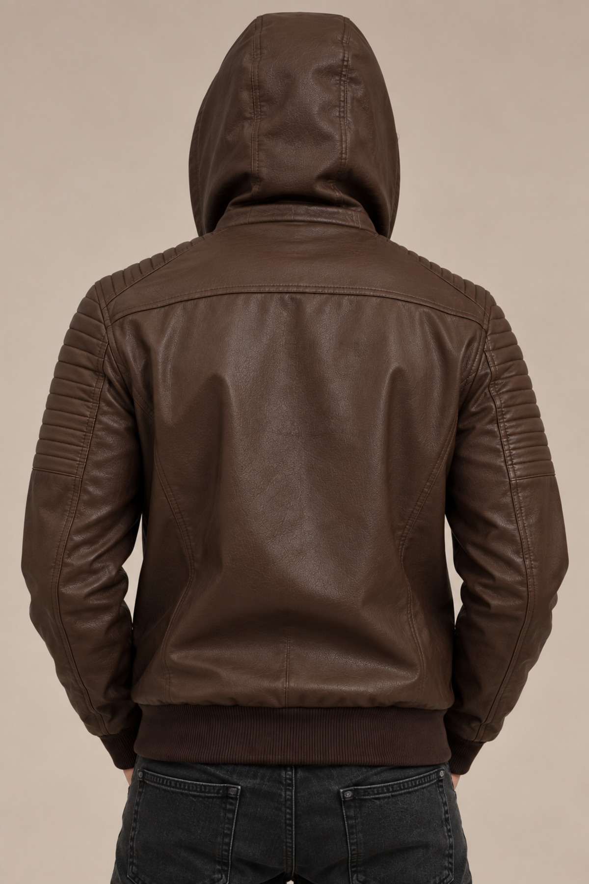 کاپشن چرم مصنوعی مردانه کلاه‌دار با کلاه جداشونده، زیپ، مدل معمولی — قهوه‌ای CCA301 — تصویر 5 از 6
