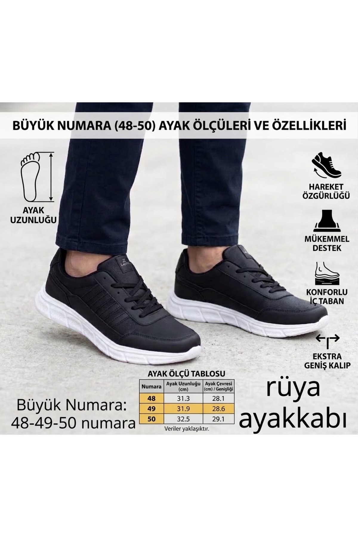 Büyük Numara Erkek Spor Ayakkabı 48-49-50 Su Geçirmez Rahat Kalıp Yürüyüş & Günlük Sneaker — مشکی 3456 — تصویر 3 از 3