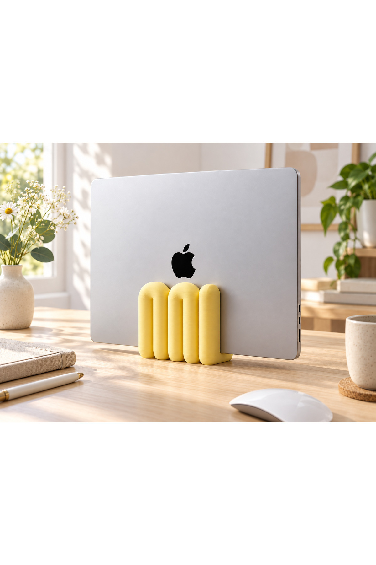 Molly Dekoratif Laptop Tutucu Stand- Pastel Sarı, dizüstü bilgisayar ile masada kullanım görünümü.