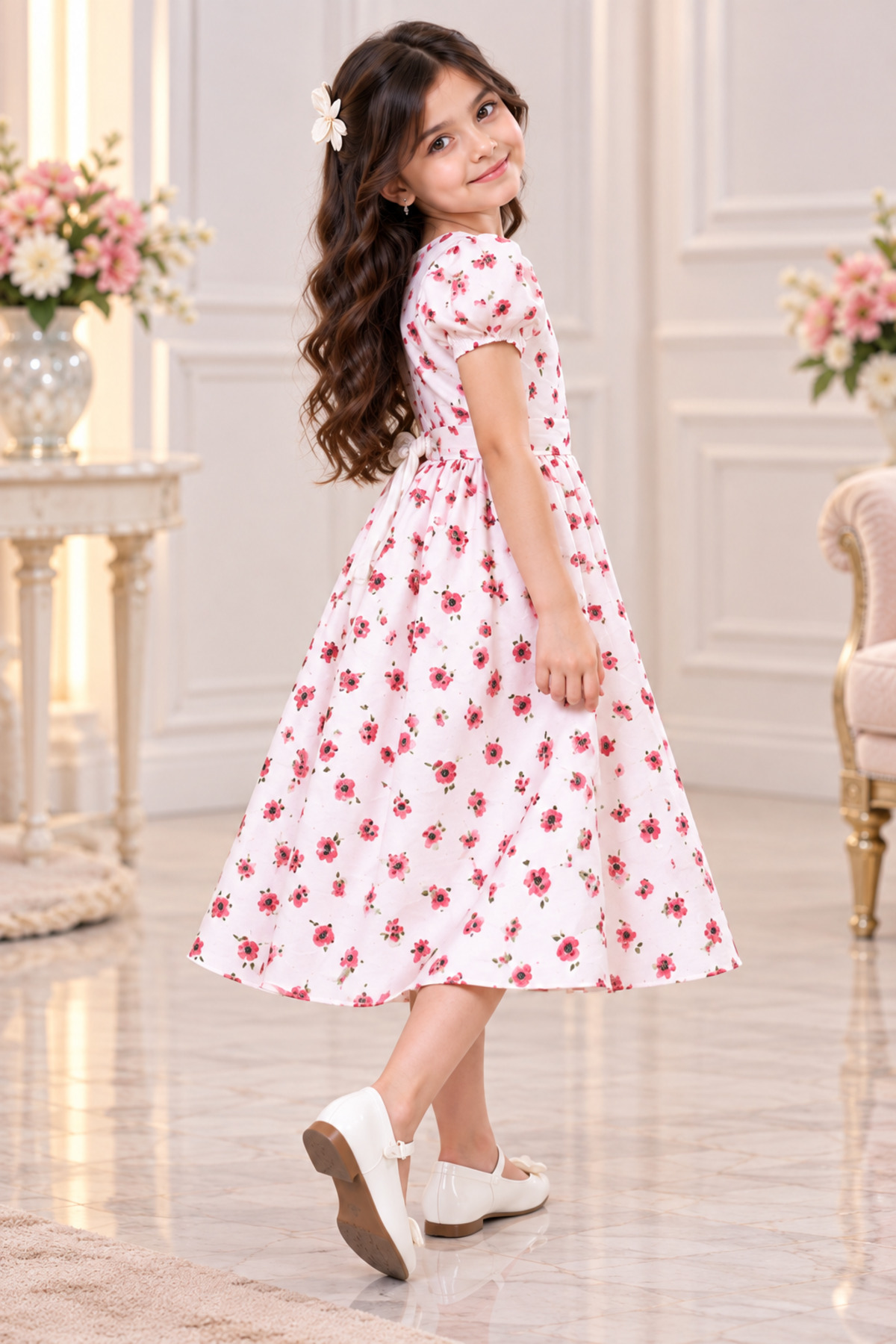 Girls Casual Floral Print Dress with Ruffled Sleeves