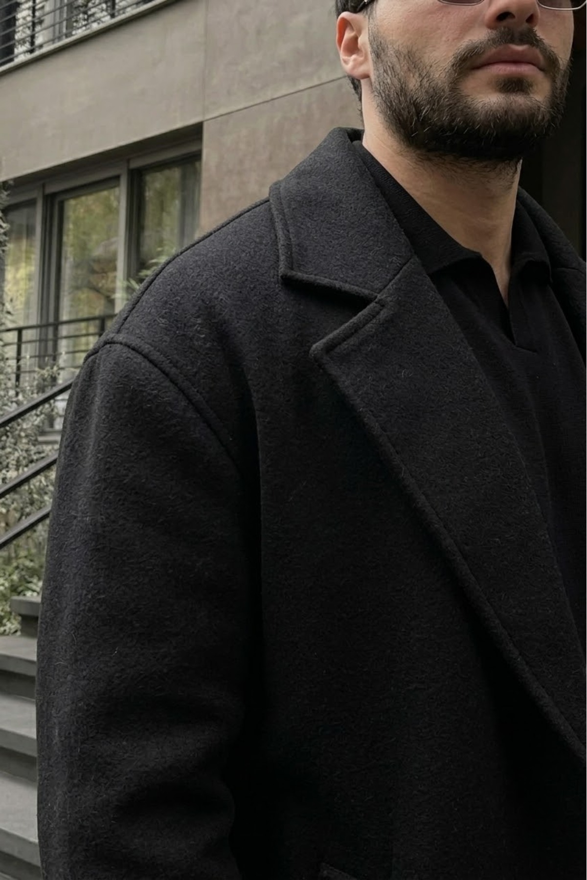 Yeniz Sezon Erkek Kemerli Oversize Rahat Kesim Kaşe Kaban — مشکی 560-2 — تصویر 6 از 7