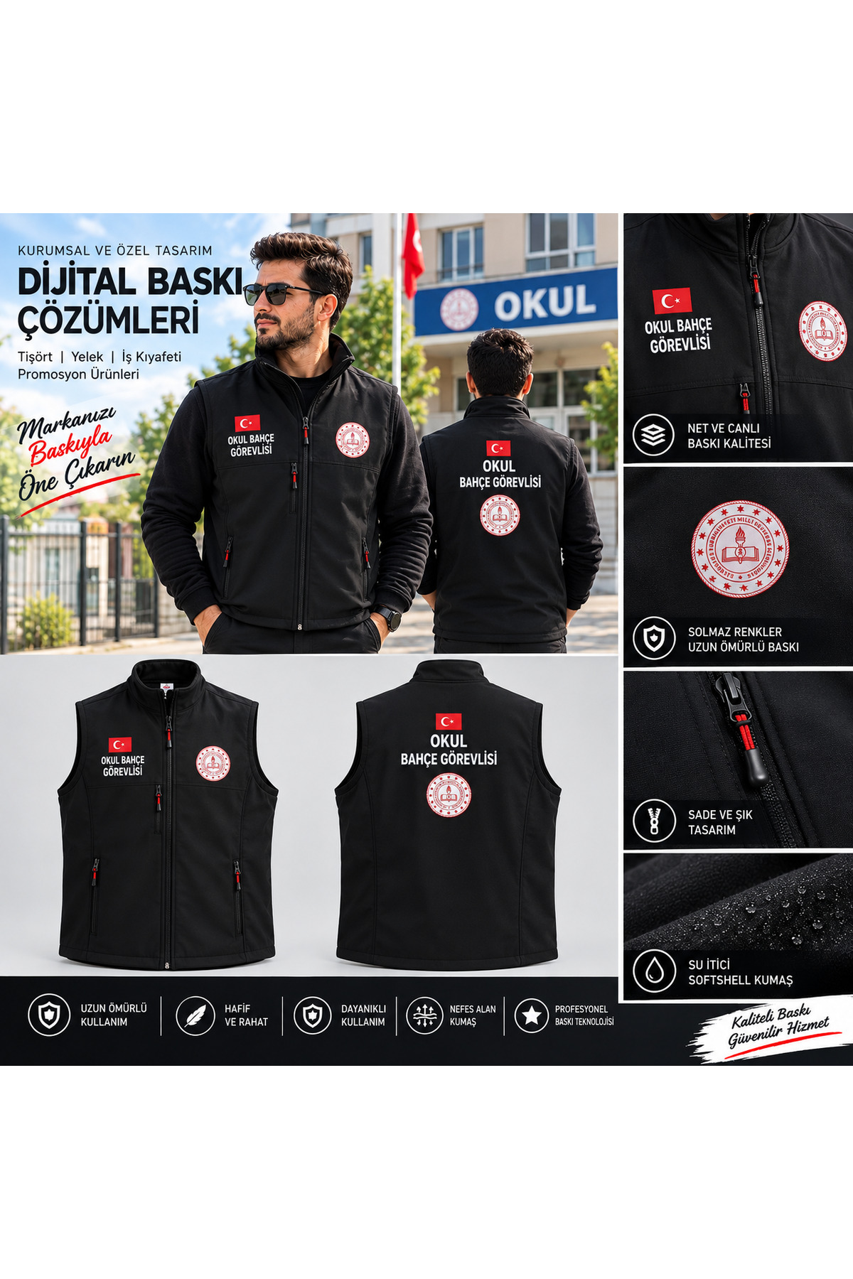 OKUL BAHÇE GÖREVLİSİ BASKILI SOFTSHELL PREMİUM YELEK — مشکی 010101202 — تصویر 3 از 3