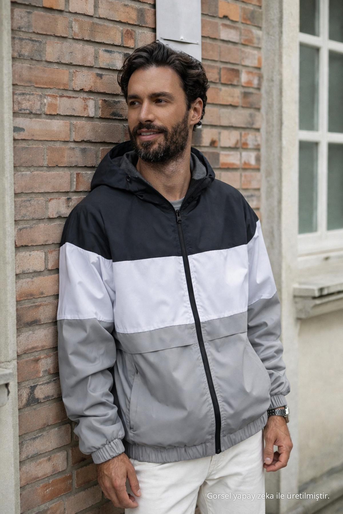 Erkek Comfort Fit Desenli Salaş Gri Yağmurluk & Rüzgarlık — خاکستری Ayna-5-82501DMJG — تصویر 4 از 6